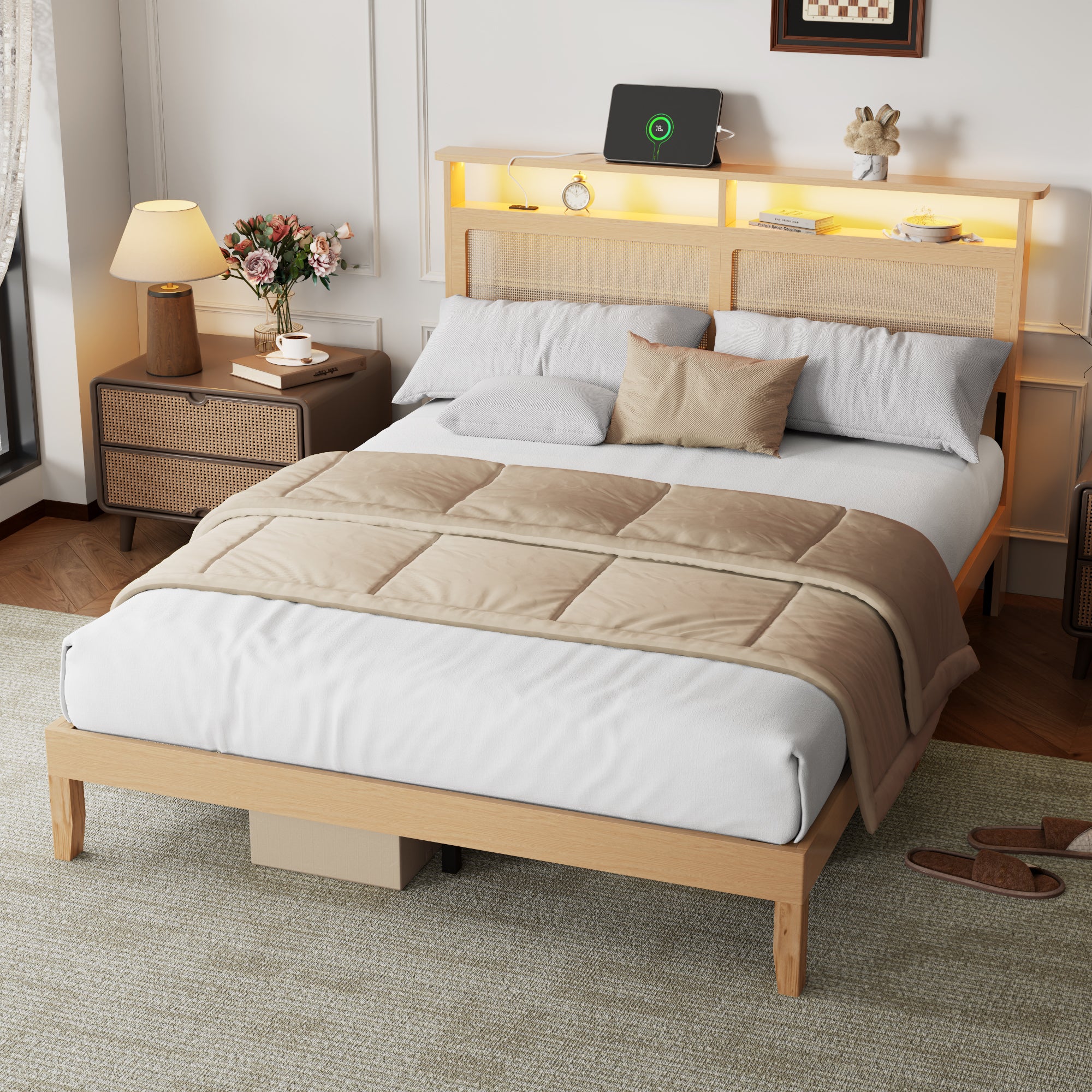 Queen Size Platform Bed Frame with Storage Headboard Charging Station LED Lights Natural Wood Rattan Under Bed Storage No Box Spring
