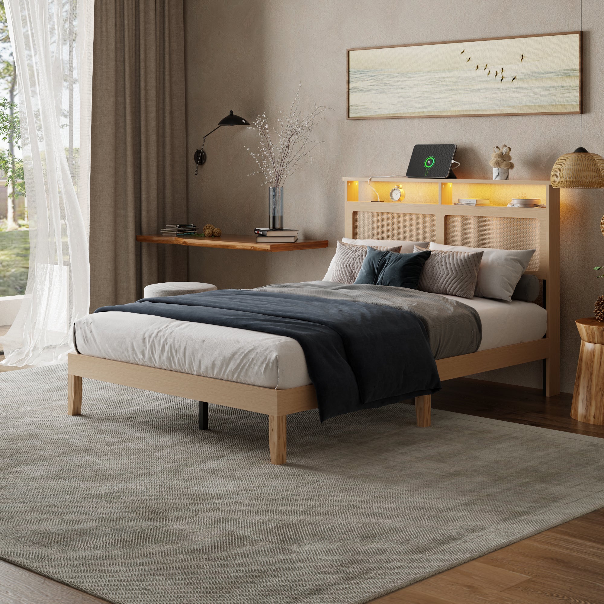 Qwatto Boho Rattan Full Bed Frame Natural Wood with LED Lights Charging Station Storage Headboard Platform Bed No Box Spring Modern Bedroom