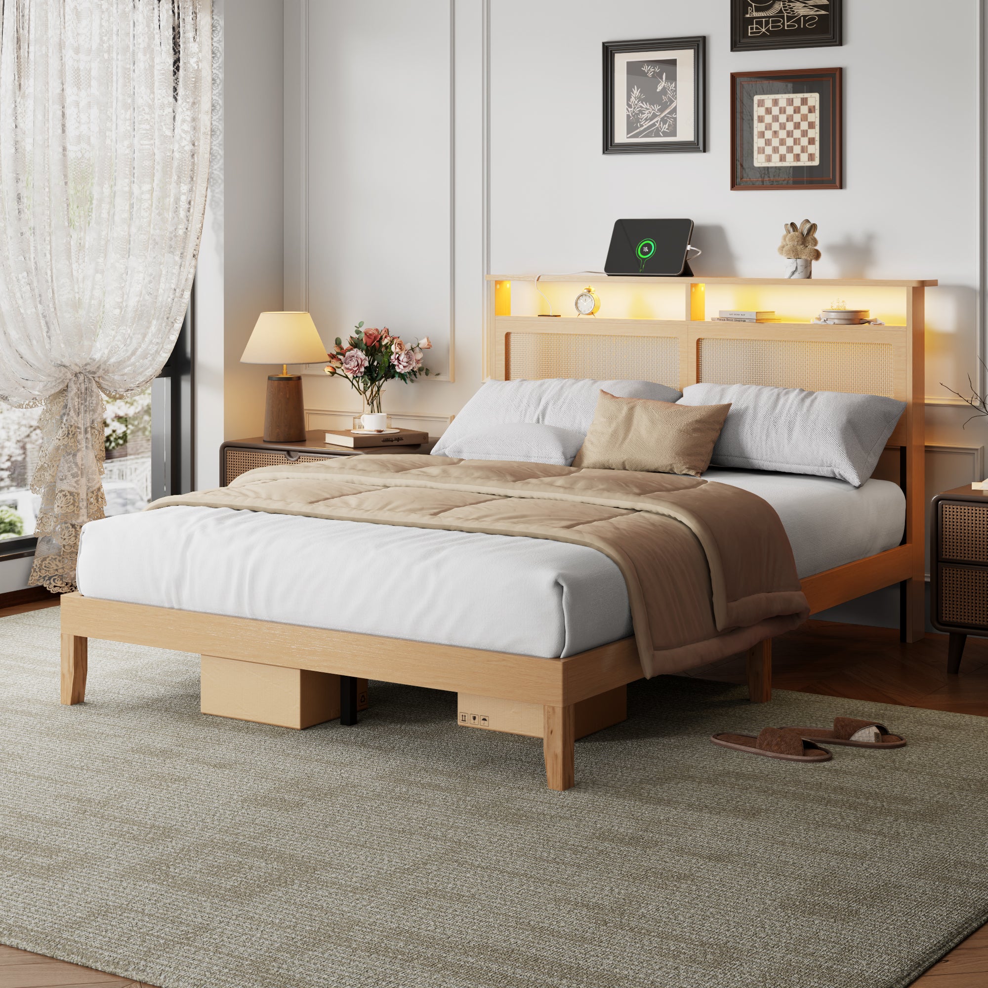 Boho Rattan Queen Bed Frame Natural Wood with LED Lights Charging Station Storage Headboard Platform Bed No Box Spring Modern Bedroom