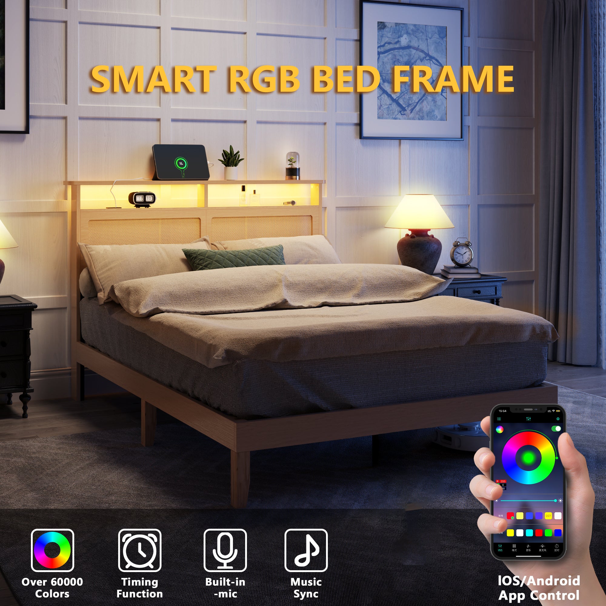 Qwatto Boho Rattan Full Bed Frame Natural Wood with LED Lights Charging Station Storage Headboard Platform Bed No Box Spring Modern Bedroom