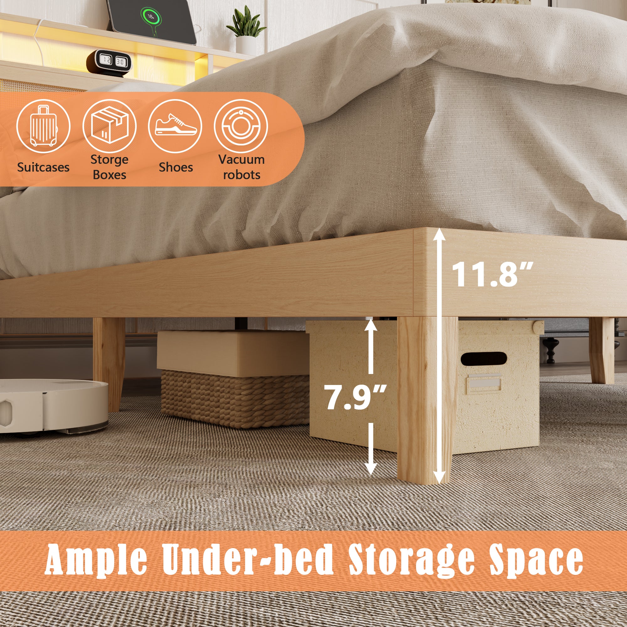 Qwatto Boho Rattan Full Bed Frame Natural Wood with LED Lights Charging Station Storage Headboard Platform Bed No Box Spring Modern Bedroom