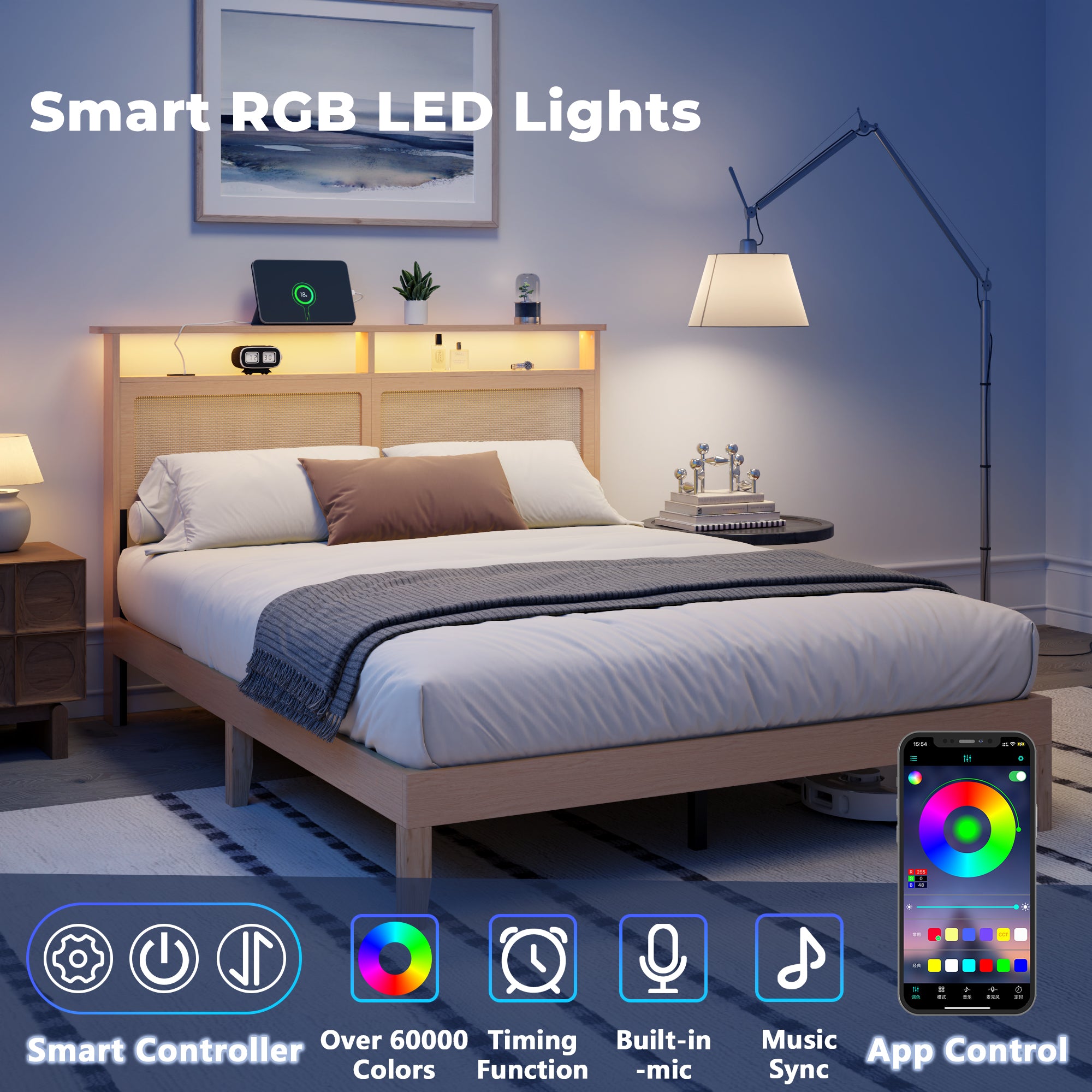 Queen Size Platform Bed Frame with Storage Headboard Charging Station LED Lights Natural Wood Rattan Under Bed Storage No Box Spring