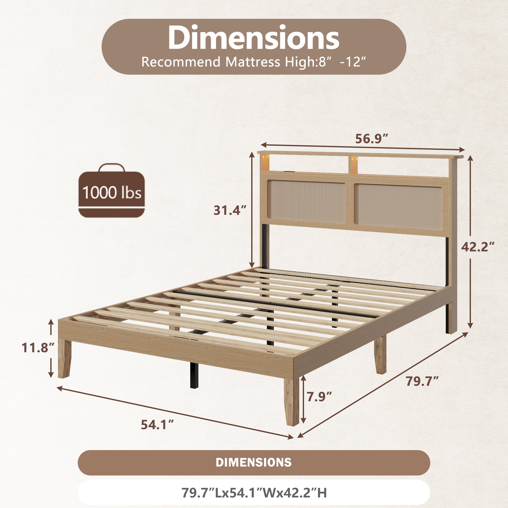 Qwatto Boho Rattan Full Bed Frame Natural Wood with LED Lights Charging Station Storage Headboard Platform Bed No Box Spring Modern Bedroom