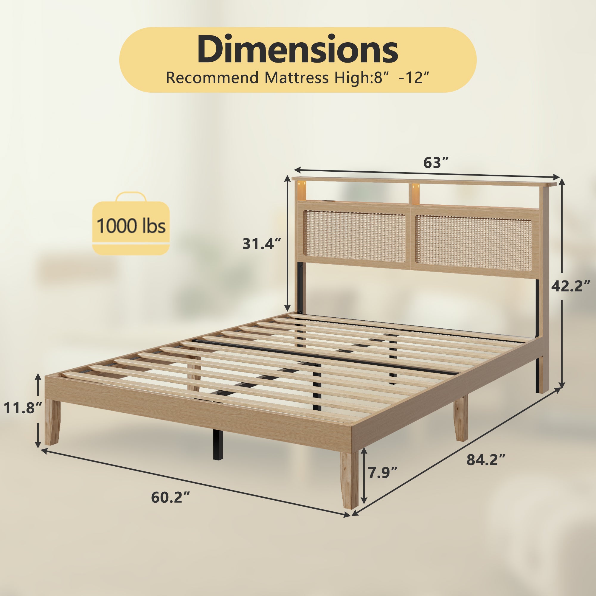 Boho Rattan Queen Bed Frame Natural Wood with LED Lights Charging Station Storage Headboard Platform Bed No Box Spring Modern Bedroom