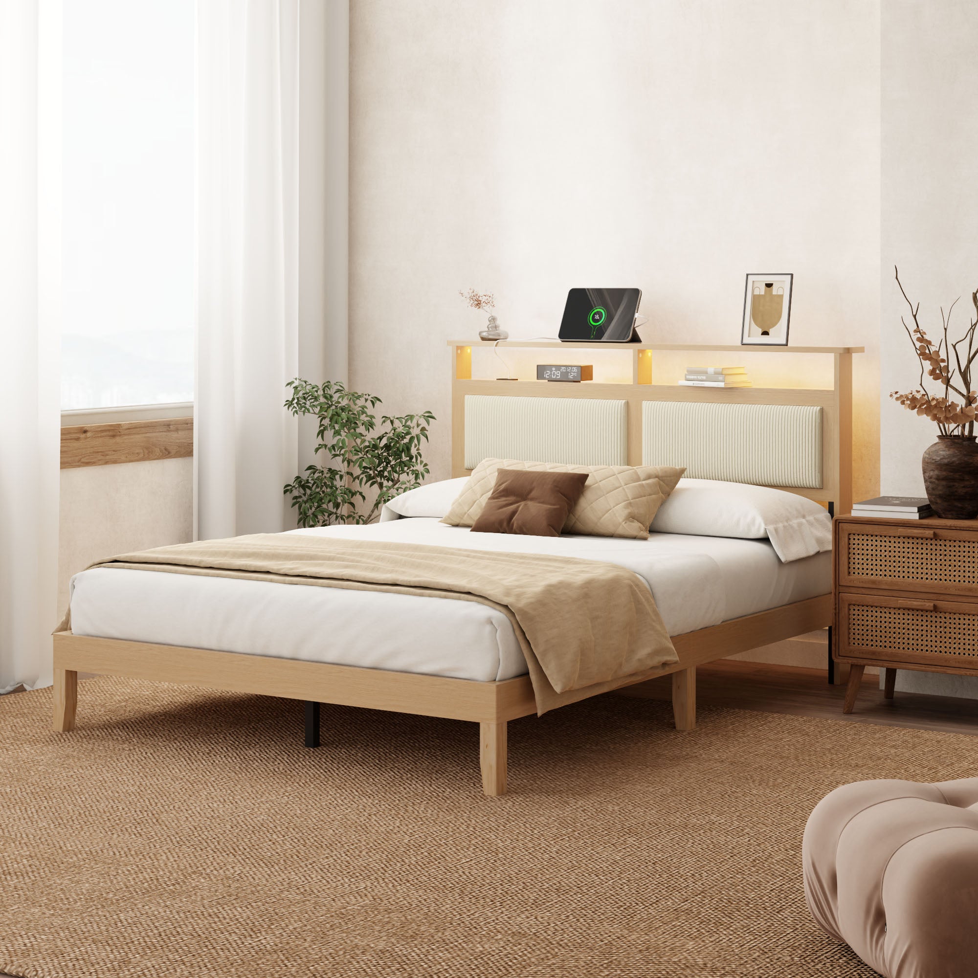 Queen Bed Frame with Headboard, Upholstered Corduroy Bedframe with LED Lights and Charging Station