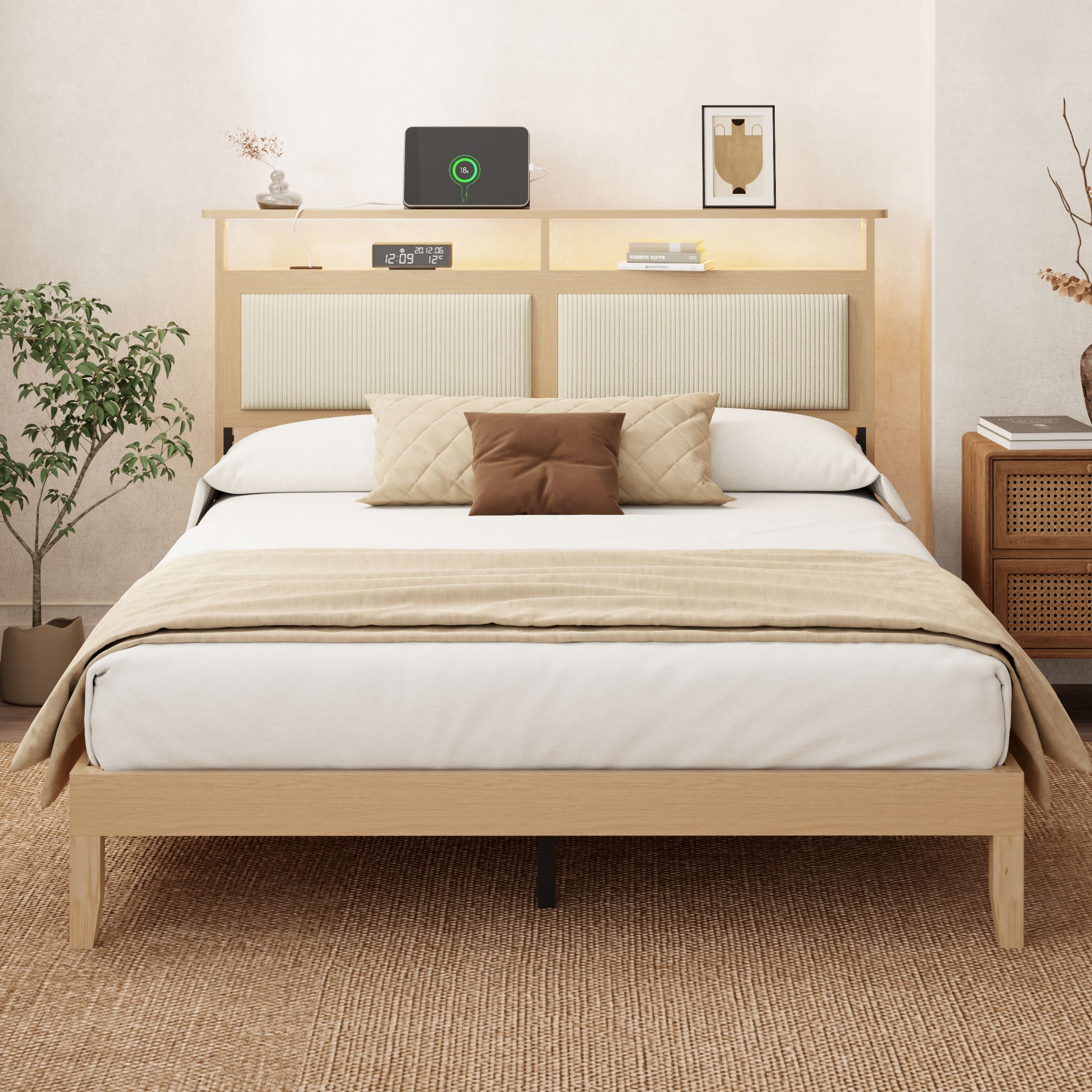 Queen Bed Frame with Headboard, Upholstered Corduroy Bedframe with LED Lights and Charging Station