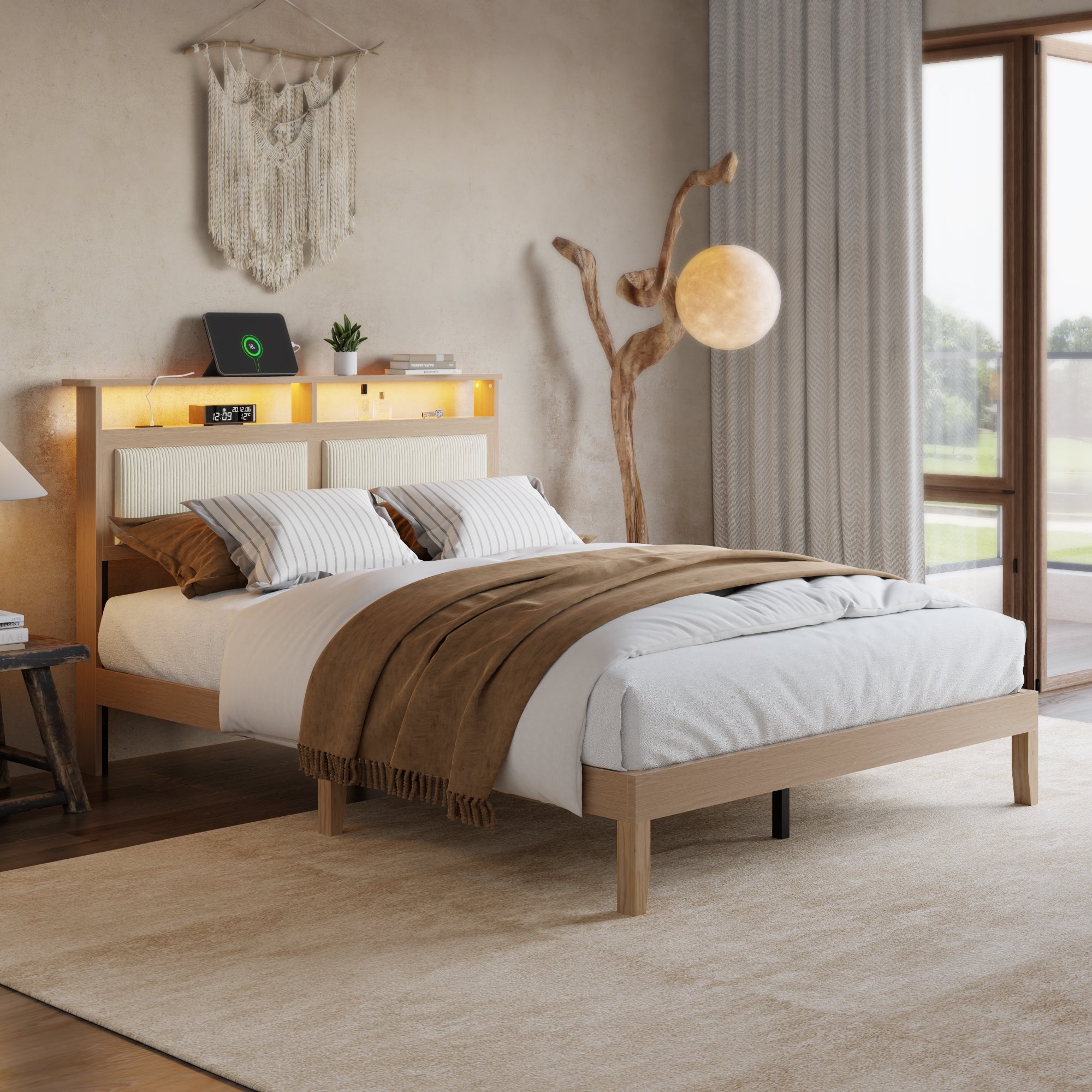 Queen Bed Frame with Headboard Upholstered Corduroy Bedframe with LED Lights and Charging Station Frame with Storage Shelf and Under Bed Storage