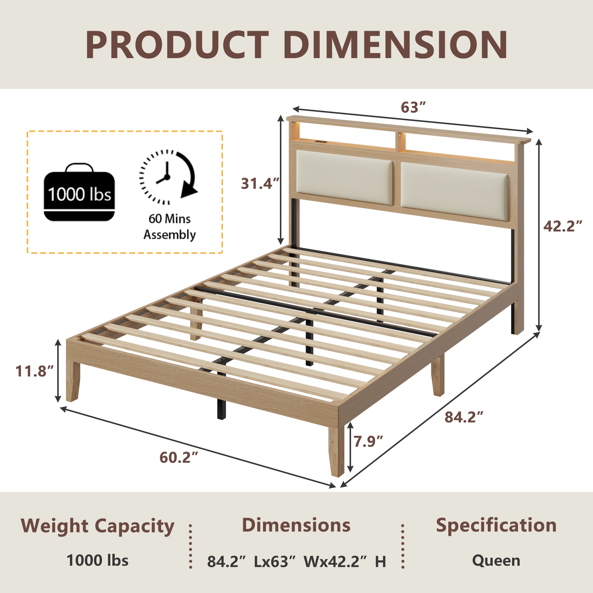 Queen Bed Frame with Headboard, Upholstered Corduroy Bedframe with LED Lights and Charging Station
