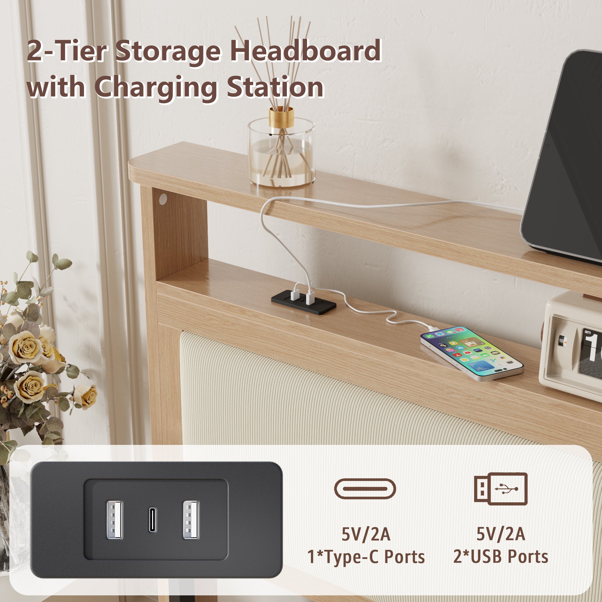 Queen Bed Frame with Headboard, Upholstered Corduroy Bedframe with LED Lights and Charging Station