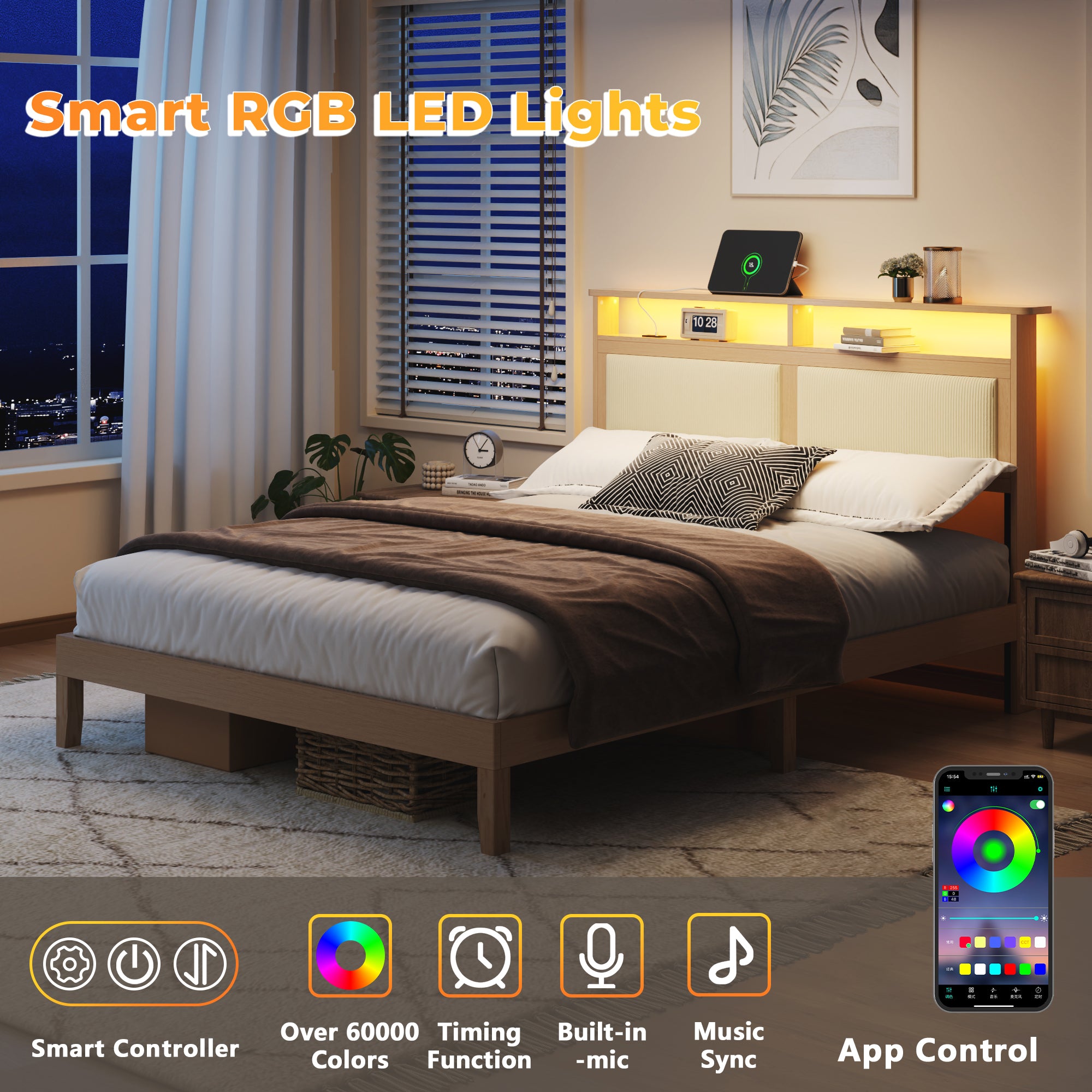 Queen Bed Frame with Headboard Upholstered Corduroy Bedframe with LED Lights and Charging Station Frame with Storage Shelf and Under Bed Storage
