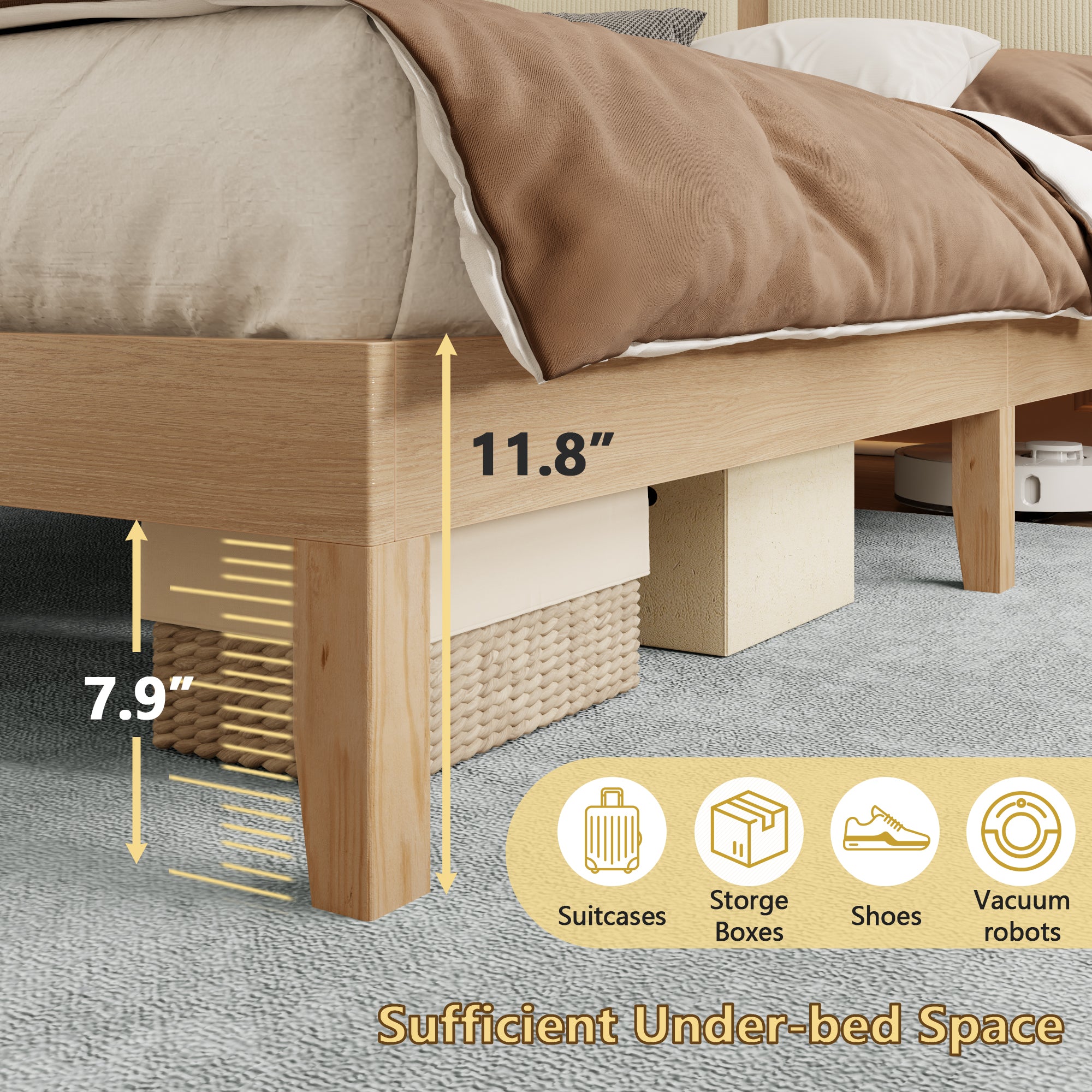 Furnulem Queen Bed Frame with Headboard Upholstered Corduroy Bedframe with LED Lights and Charging Station Frame with Storage Shelf,Solid Wood Support