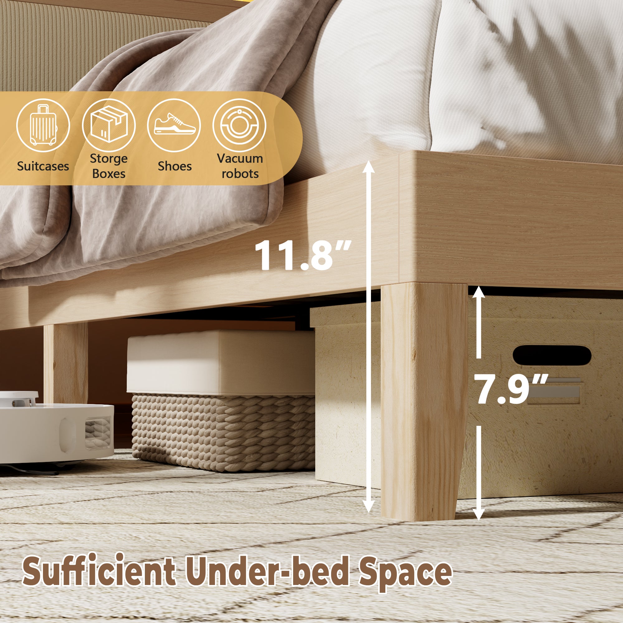 Queen Bed Frame with Headboard Upholstered Corduroy Bedframe with LED Lights and Charging Station Frame with Storage Shelf and Under Bed Storage