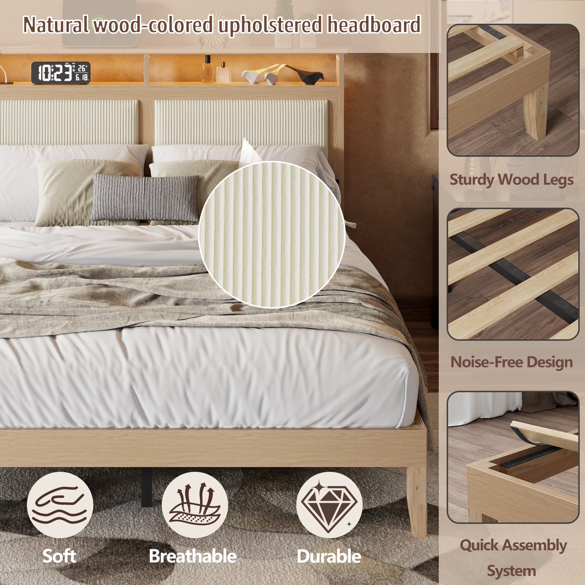 Queen Bed Frame with Headboard Upholstered Corduroy Bedframe with LED Lights and Charging Station Frame with Storage Shelf and Under Bed Storage