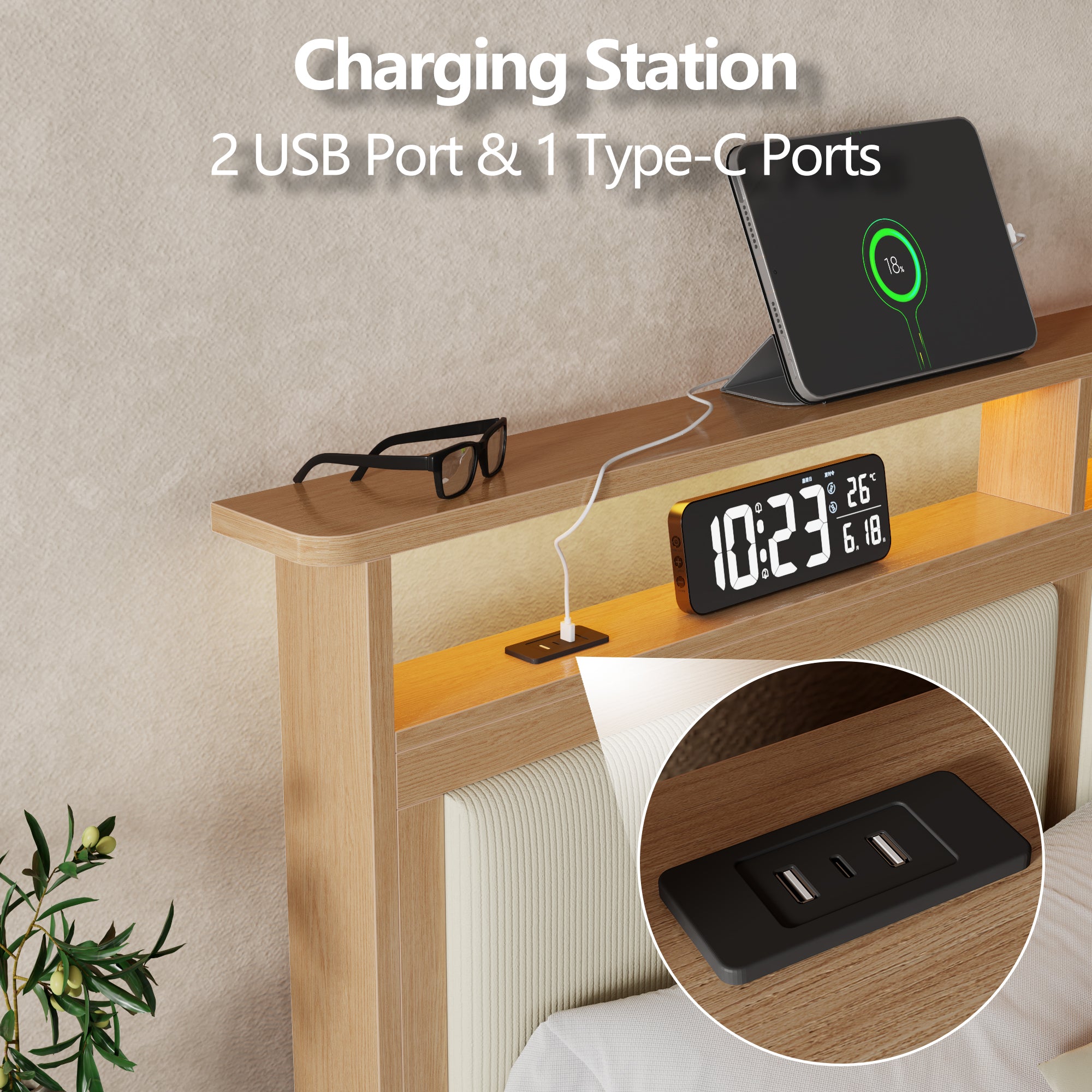 Queen Platform Bed Frame with Charging Station LED Lights Storage Headboard Corduroy Upholstered Heavy Duty Support No Box Spring Modern