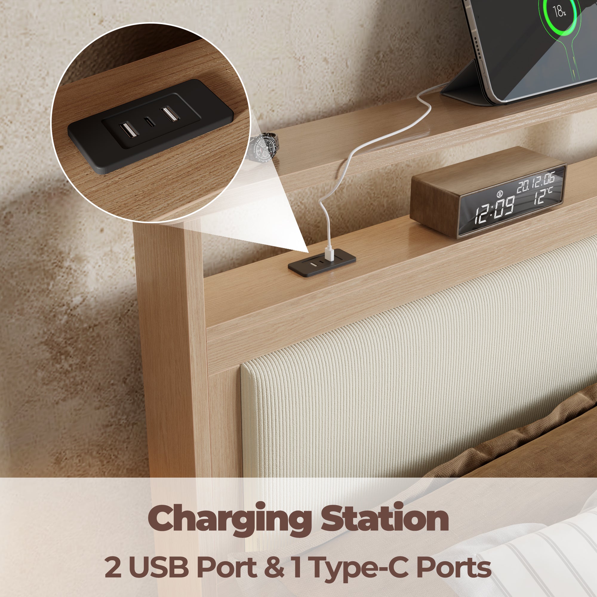 Queen Bed Frame with Headboard Upholstered Corduroy Bedframe with LED Lights and Charging Station Frame with Storage Shelf and Under Bed Storage