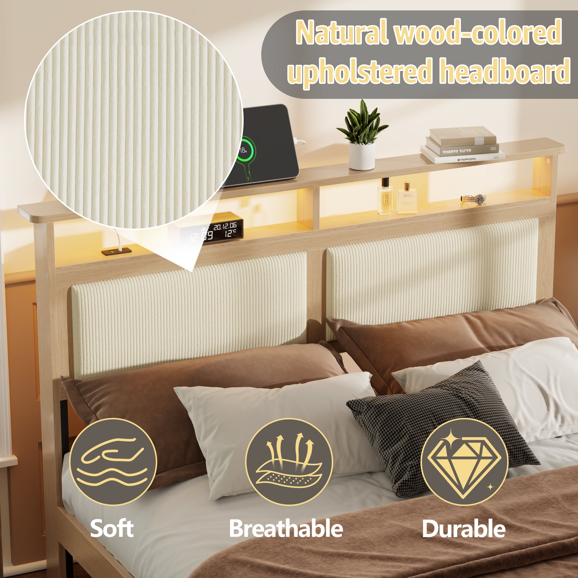 Queen Platform Bed Frame with Charging Station LED Lights Storage Headboard Corduroy Upholstered Heavy Duty Support No Box Spring Modern