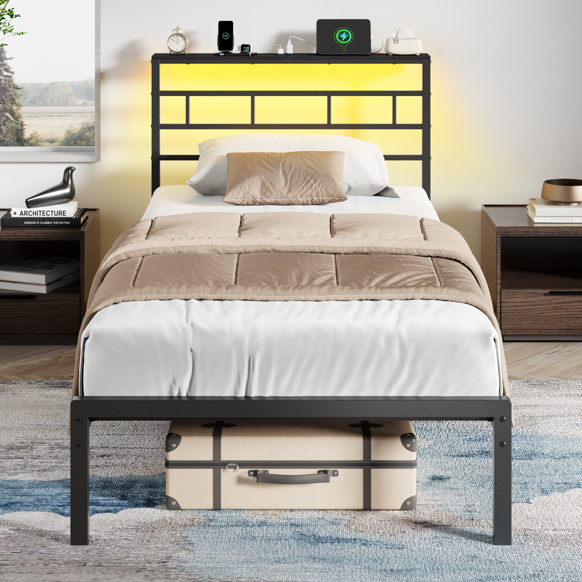 Twin Bed Frames with Built-in Charging Station and LED Light, Metal Platform Bed with Headboard and Storage Shelf Noise-Free