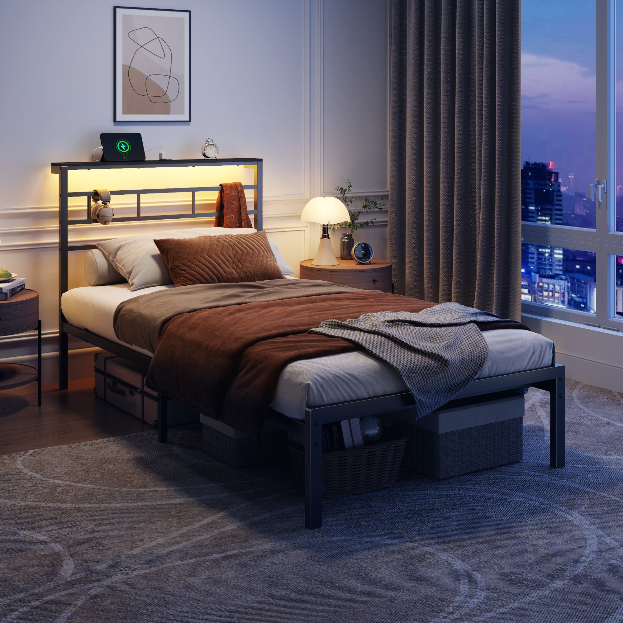 Twin Bed Frames with Built-in Charging Station and LED Light, Metal Platform Bed with Headboard and Storage Shelf Noise-Free