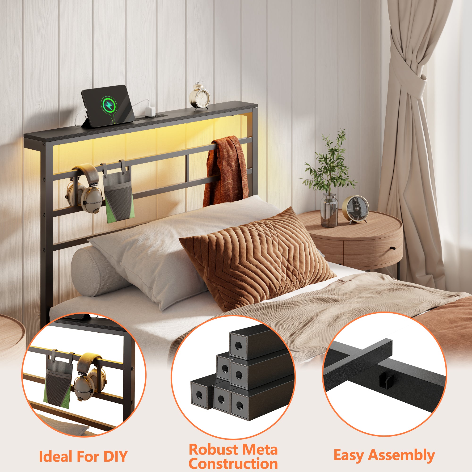 Furnulem Twin Bed Frames with Built-in Charging Station and LED Light Metal Platform Bed with Headboard and Storage Shelf Black