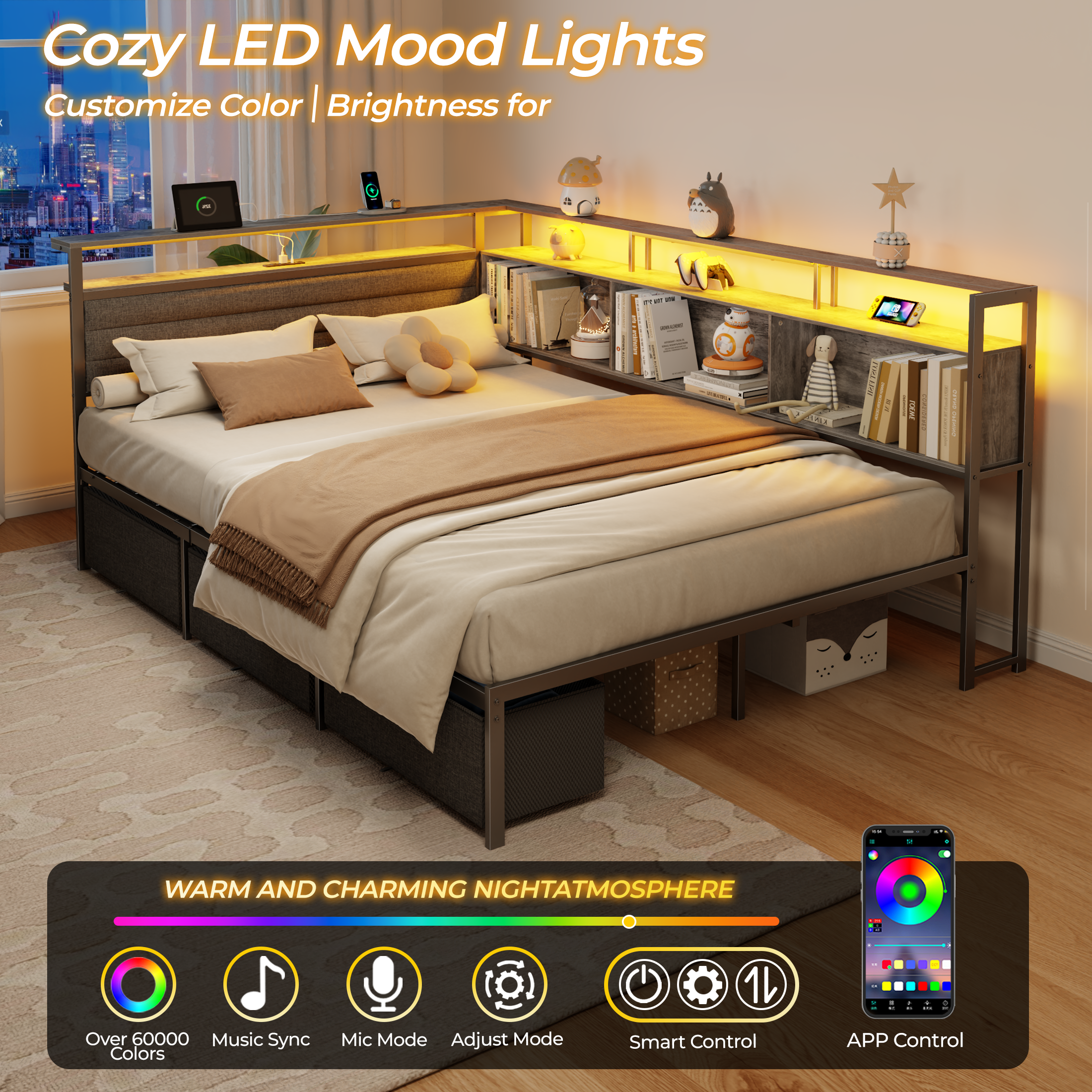 Furnulem Full Size Bed Frame with Headboard and Storage Drawers Full Metal Platform Corner Bed Frame with Charging Station and LED Lights Gray