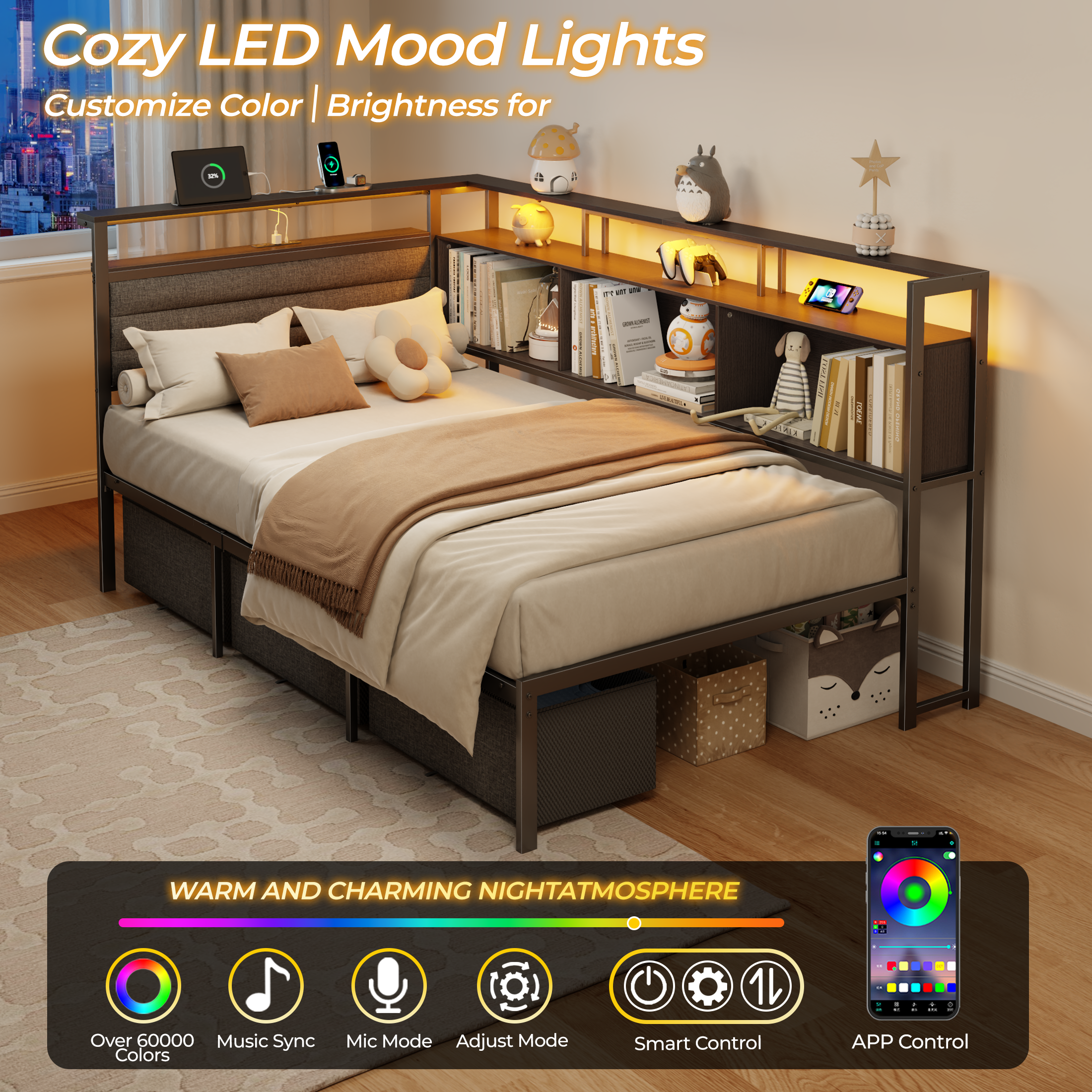 Corner Bed Frame with Storage Bookcase and LED Lights, Twin Size Bed Frames with Upholstered Headboard and Charging Station bed with 3 Storage Drawers