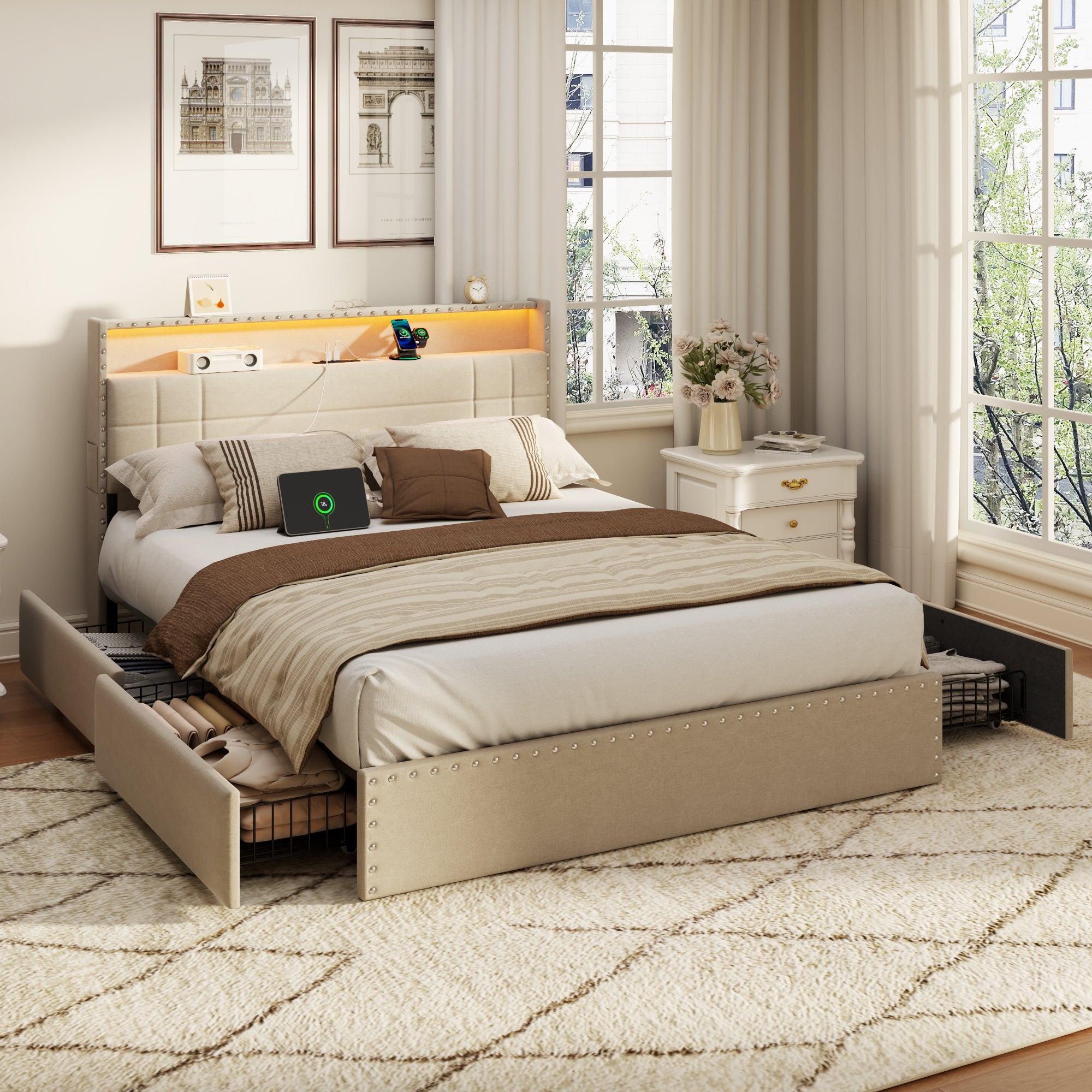 Furnulem Queen Bed Frame with Headboard Upholstered Platform Bed with 4 Storage Drawers Built-in LED Lights Charging Station Metal Slats Support Beige
