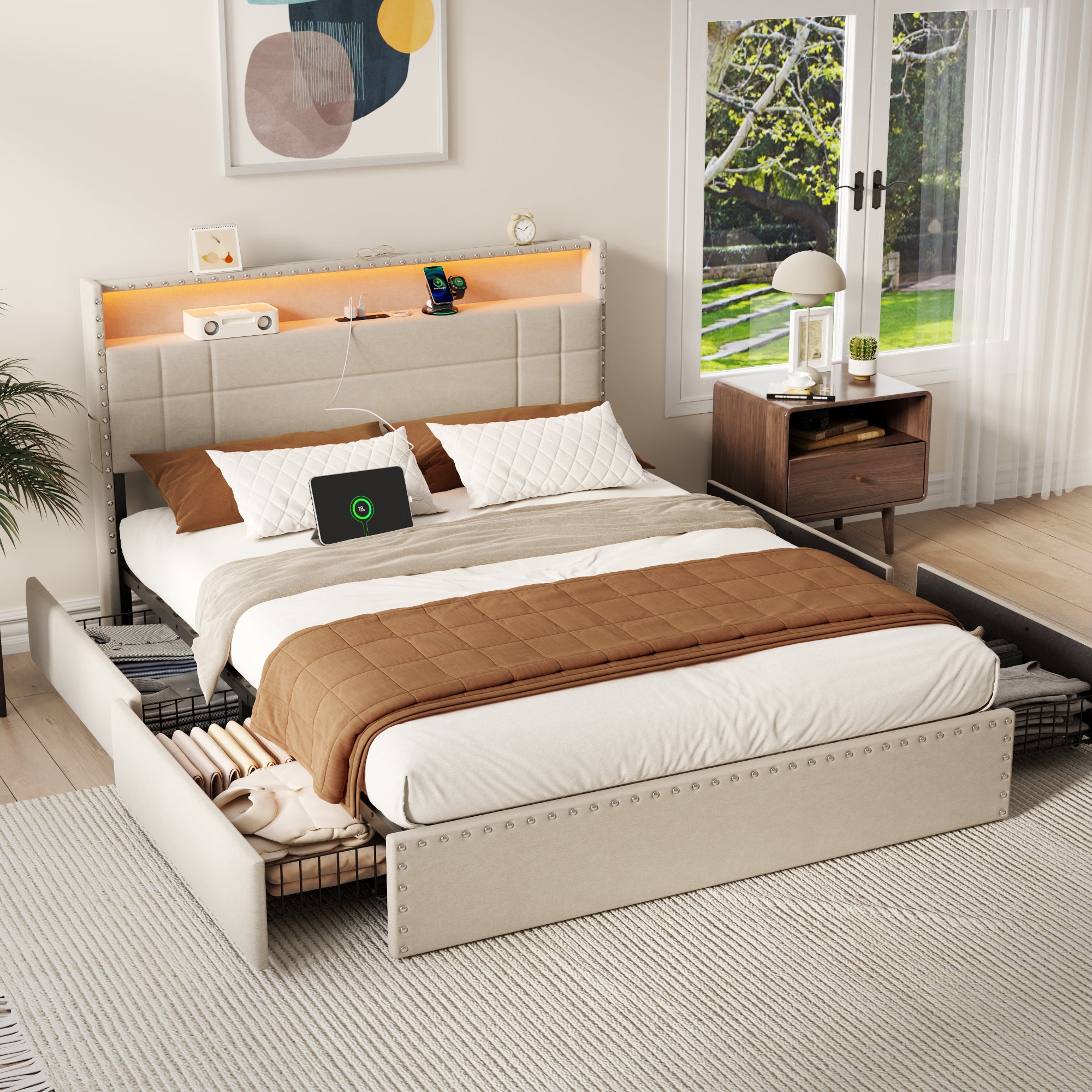 Modern Queen Bed Frame with Charging Station 4 Storage Drawers LED Lights Beige Upholstered Platform Headboard Metal Slats No Box Spring USB