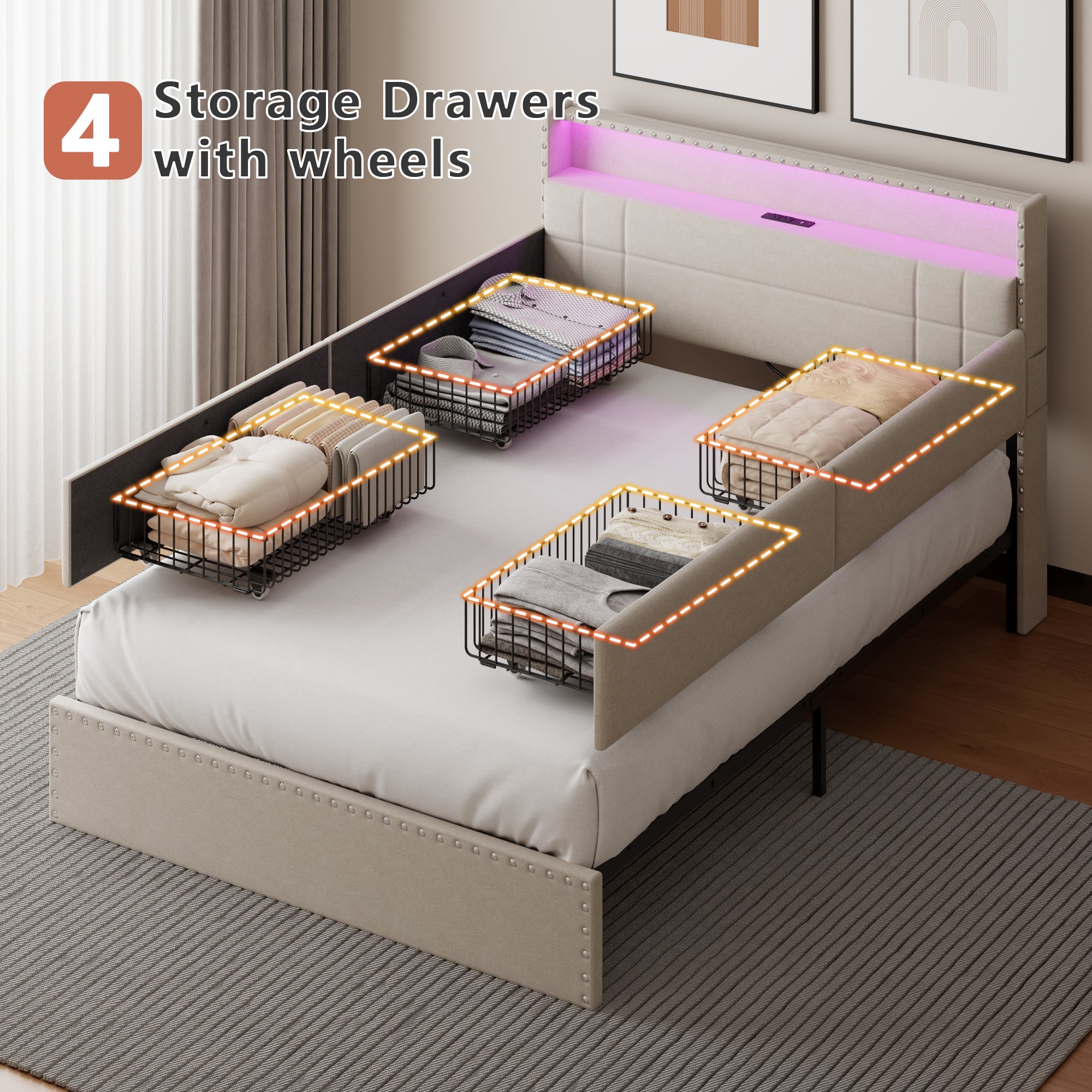 Modern Full Bed Frame with Charging Station 4 Storage Drawers LED Lights Beige Upholstered Platform Headboard Metal Slats No Box Spring USB