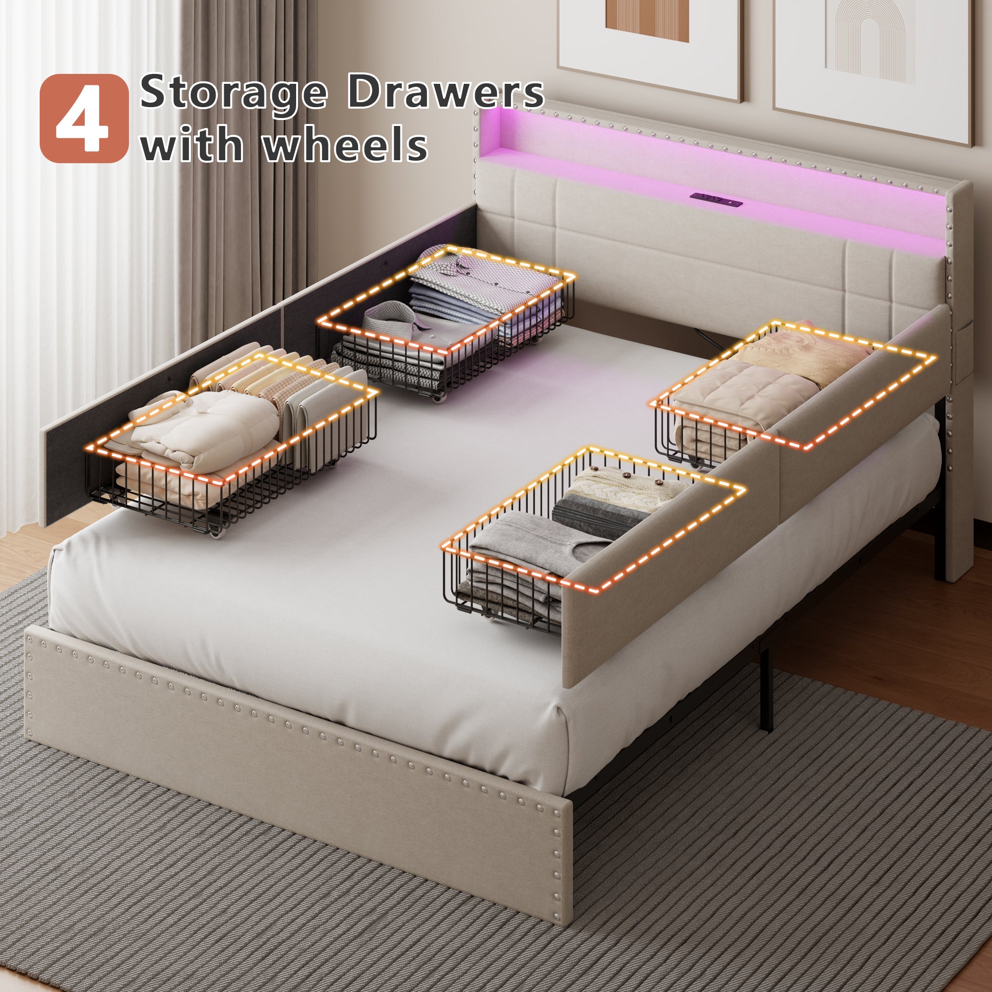Furnulem Queen Bed Frame with Headboard Upholstered Platform Bed with 4 Storage Drawers Built-in LED Lights Charging Station Metal Slats Support Beige