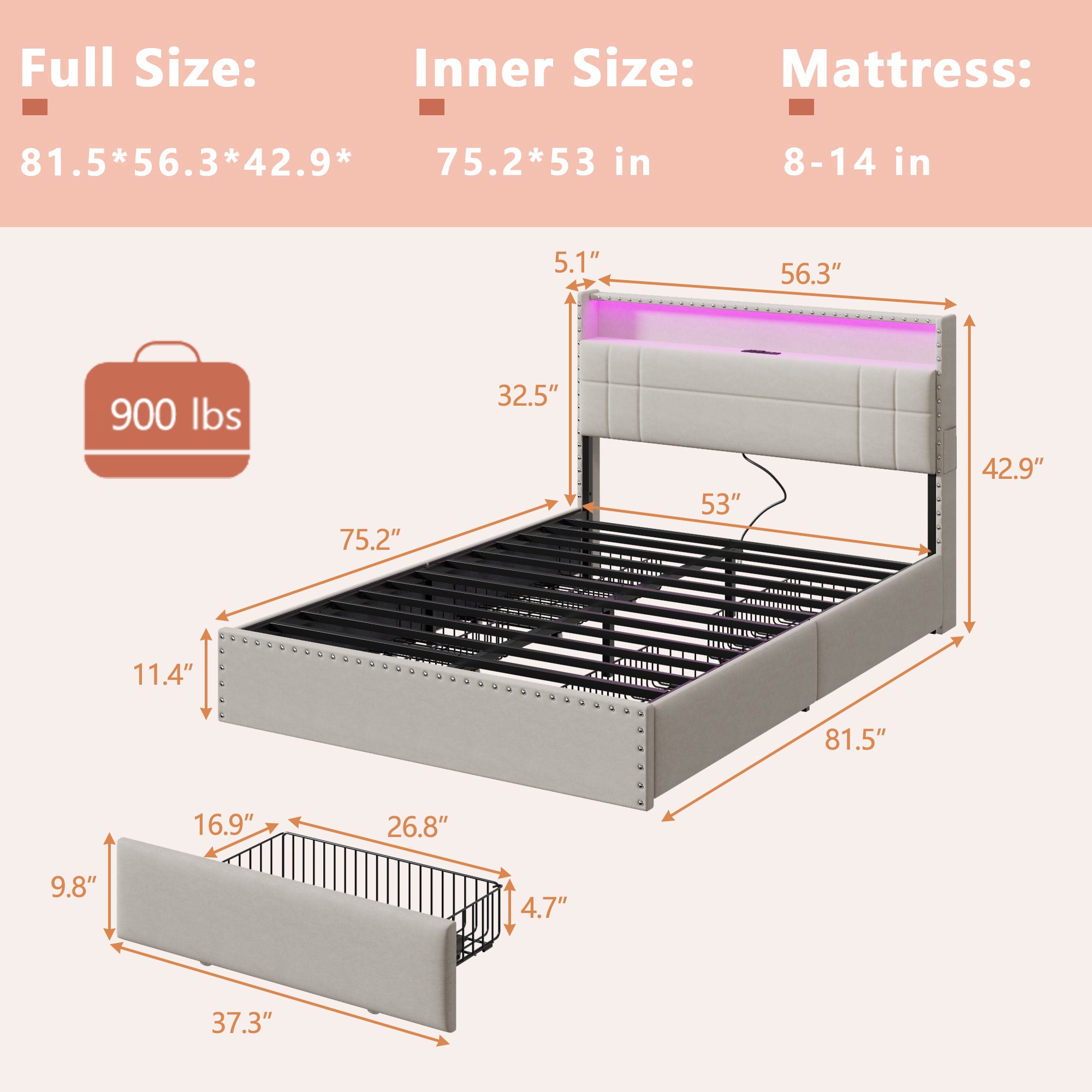 Modern Full Bed Frame with Charging Station 4 Storage Drawers LED Lights Beige Upholstered Platform Headboard Metal Slats No Box Spring USB