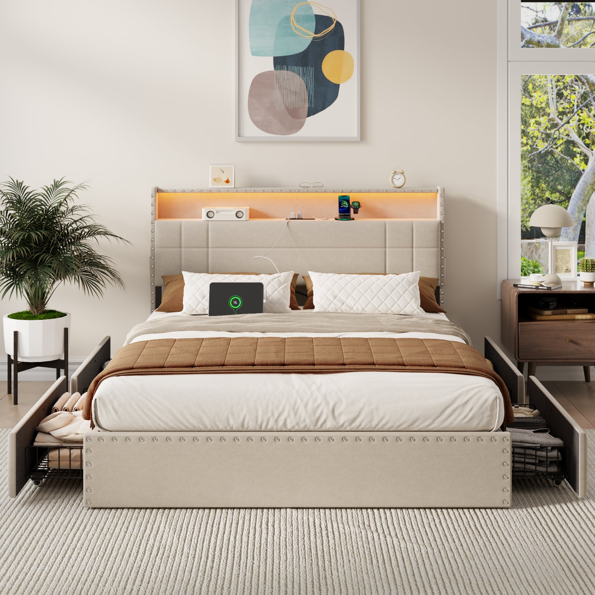 Modern Queen Bed Frame with Charging Station 4 Storage Drawers LED Lights Beige Upholstered Platform Headboard Metal Slats No Box Spring USB