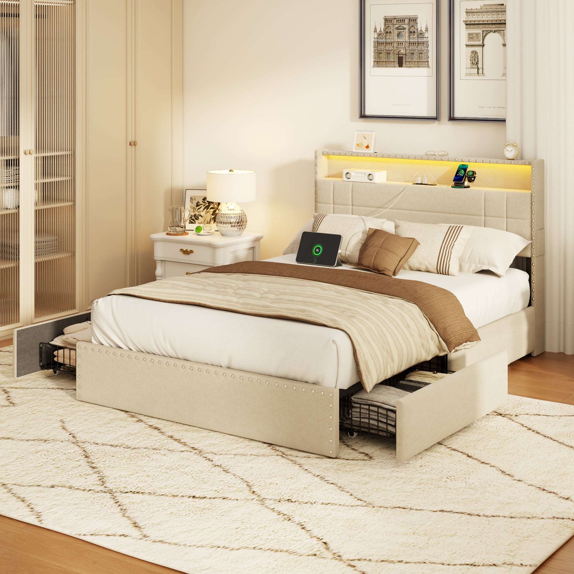 Modern Full Bed Frame with Charging Station 4 Storage Drawers LED Lights Beige Upholstered Platform Headboard Metal Slats No Box Spring USB