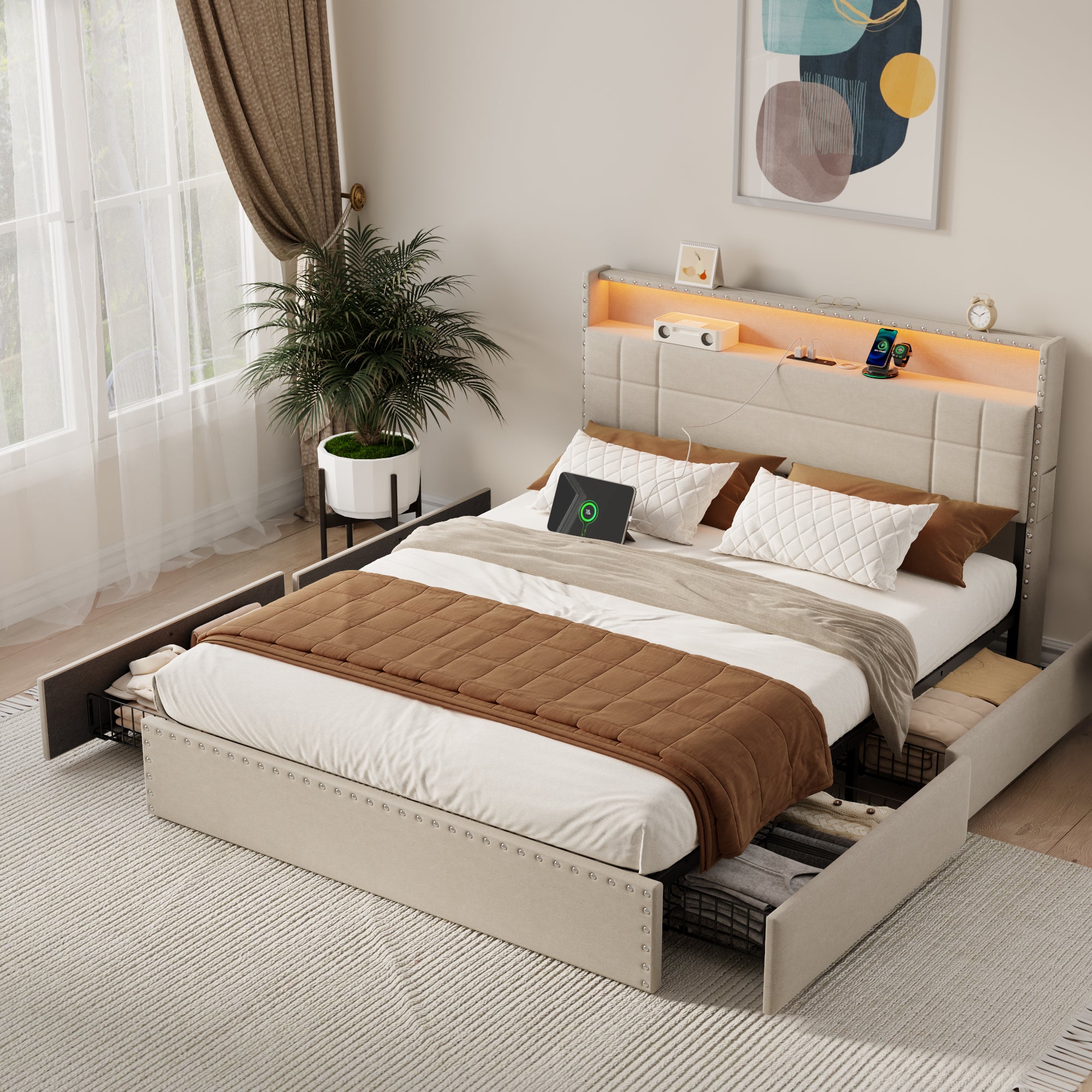 Modern Queen Bed Frame with Charging Station 4 Storage Drawers LED Lights Beige Upholstered Platform Headboard Metal Slats No Box Spring USB