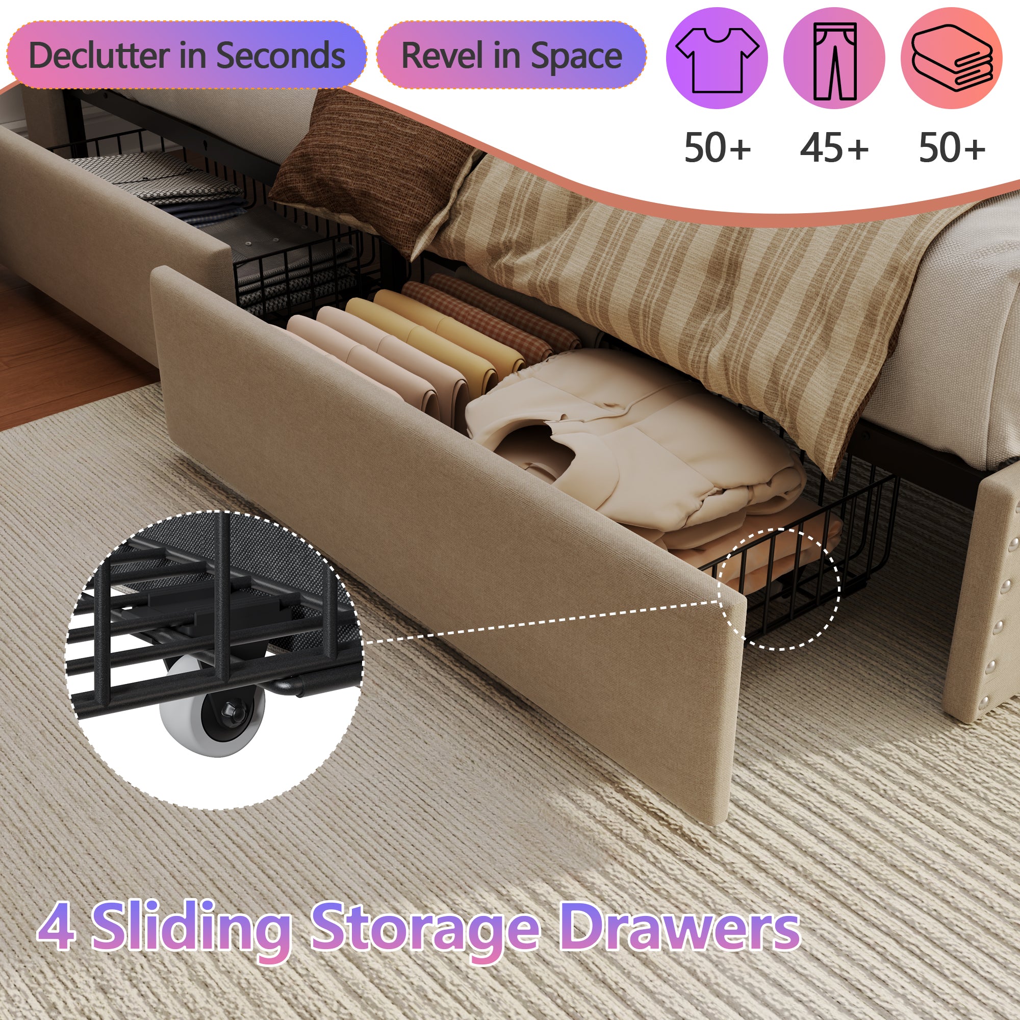 Modern Full Bed Frame with Charging Station 4 Storage Drawers LED Lights Beige Upholstered Platform Headboard Metal Slats No Box Spring USB