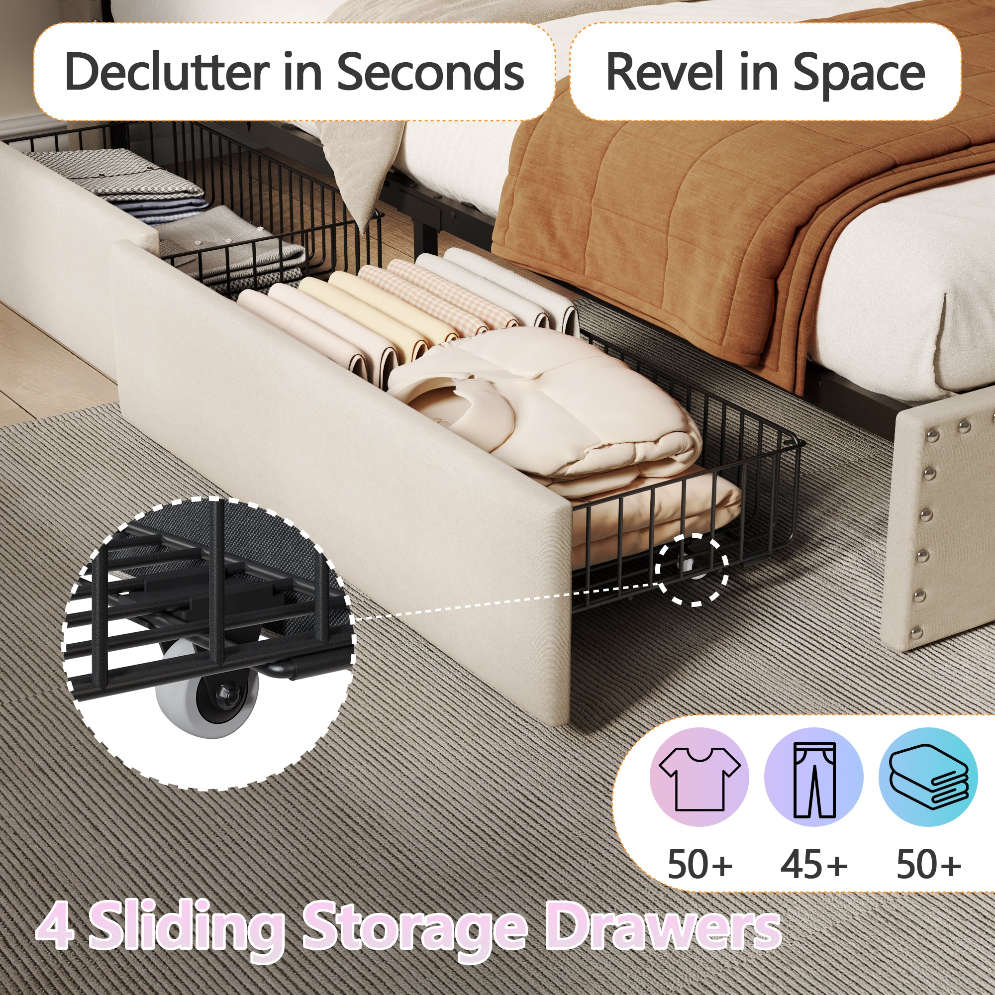 Modern Queen Bed Frame with Charging Station 4 Storage Drawers LED Lights Beige Upholstered Platform Headboard Metal Slats No Box Spring USB