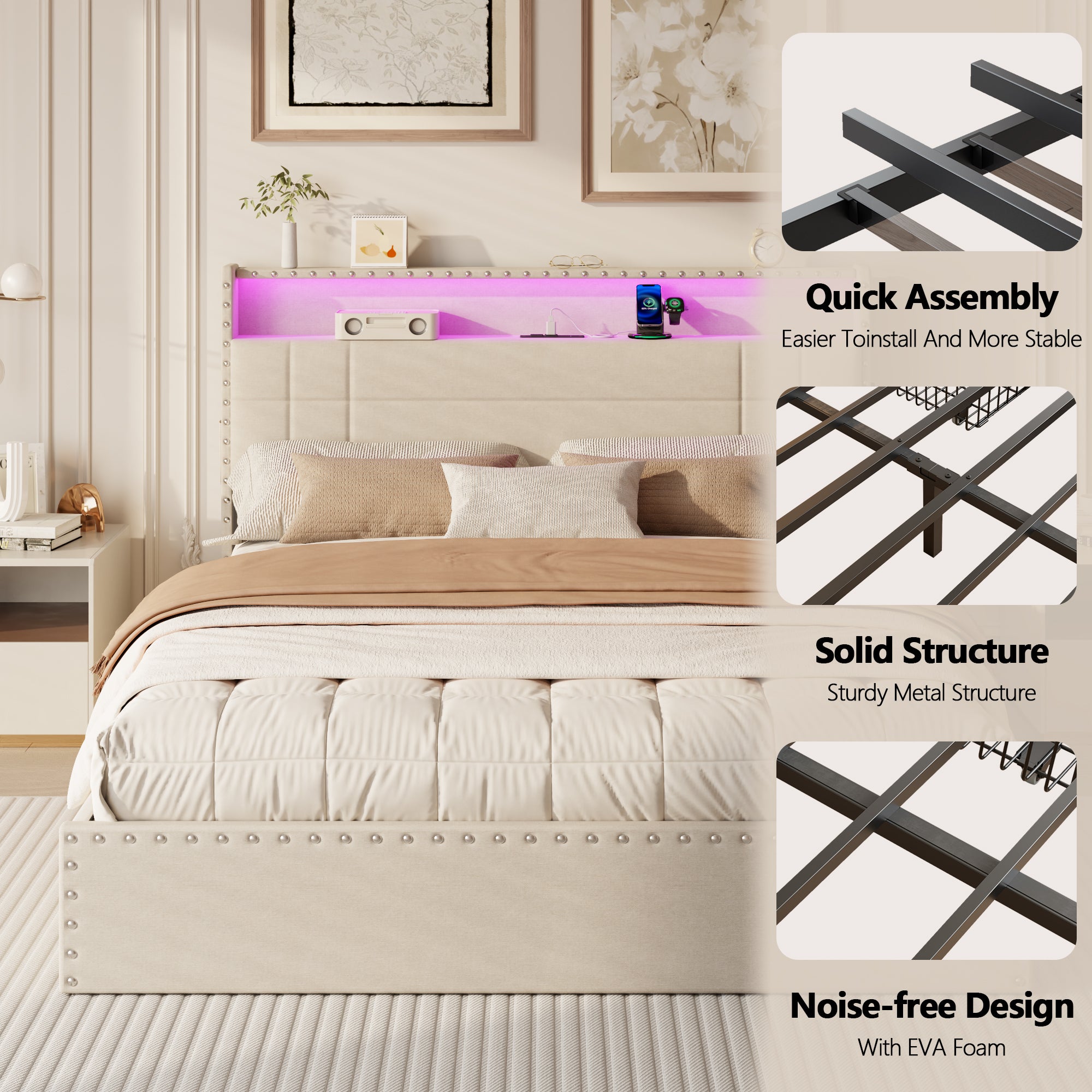 Modern Full Bed Frame with Charging Station 4 Storage Drawers LED Lights Beige Upholstered Platform Headboard Metal Slats No Box Spring USB