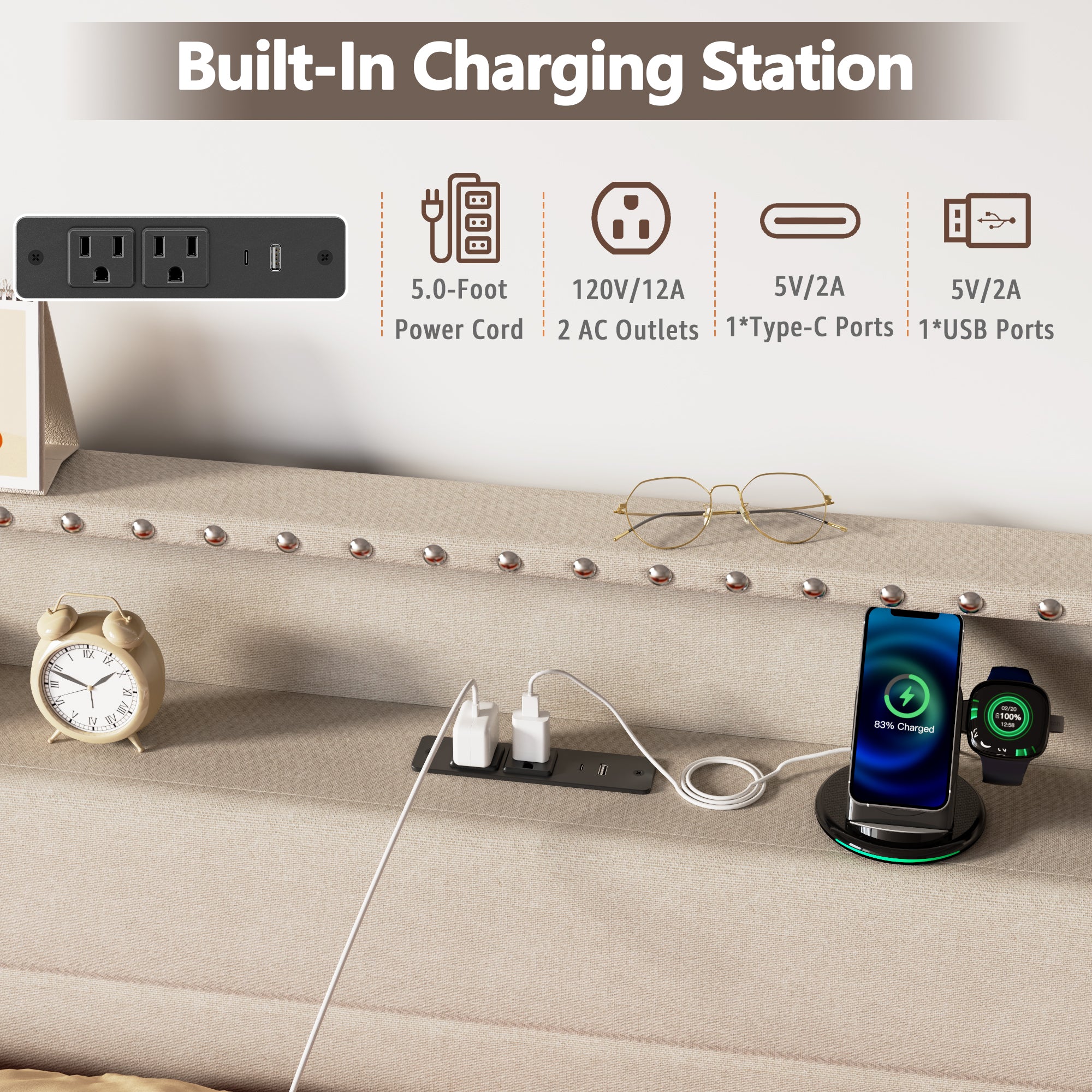 Modern Queen Bed Frame with Charging Station 4 Storage Drawers LED Lights Beige Upholstered Platform Headboard Metal Slats No Box Spring USB