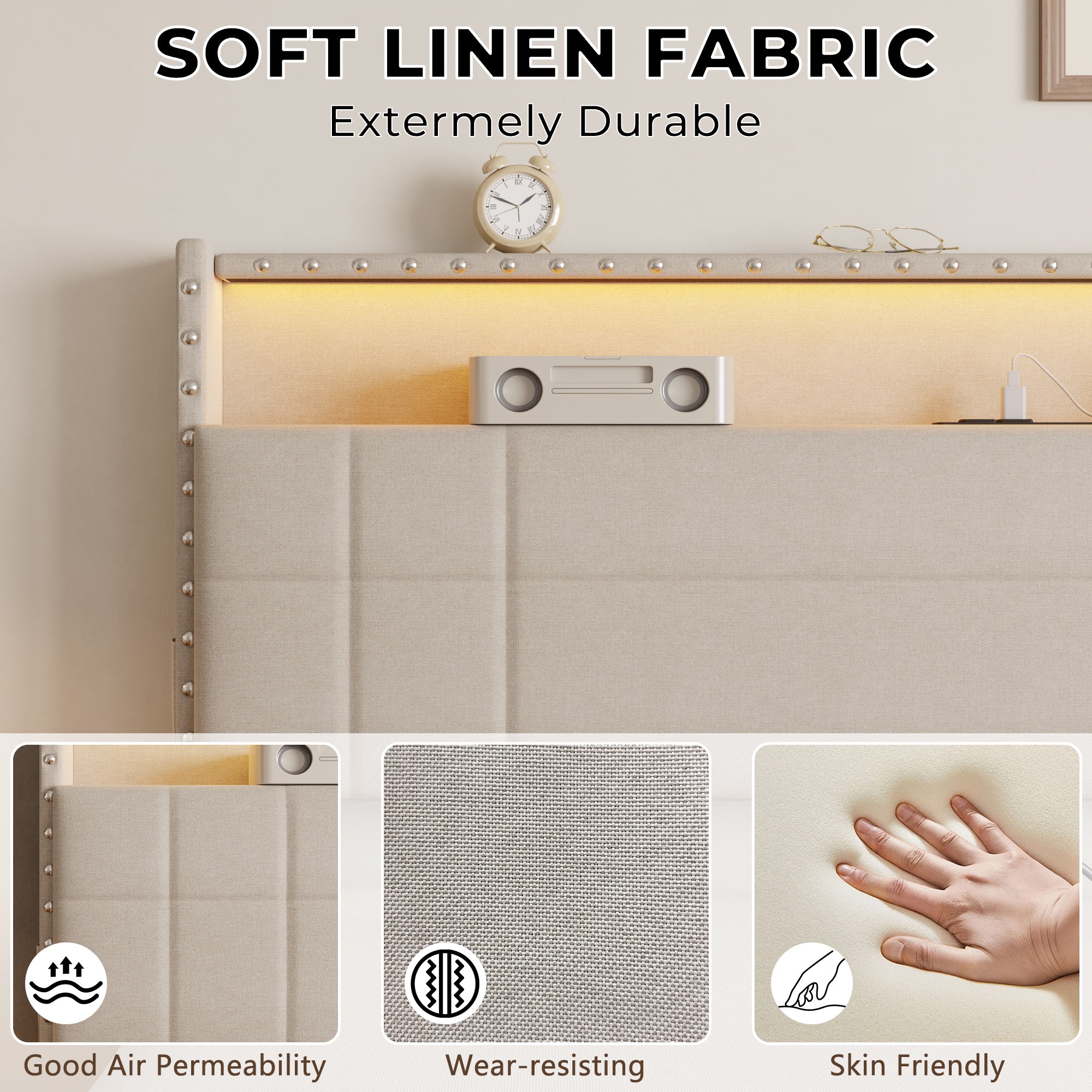 Modern Full Bed Frame with Charging Station 4 Storage Drawers LED Lights Beige Upholstered Platform Headboard Metal Slats No Box Spring USB