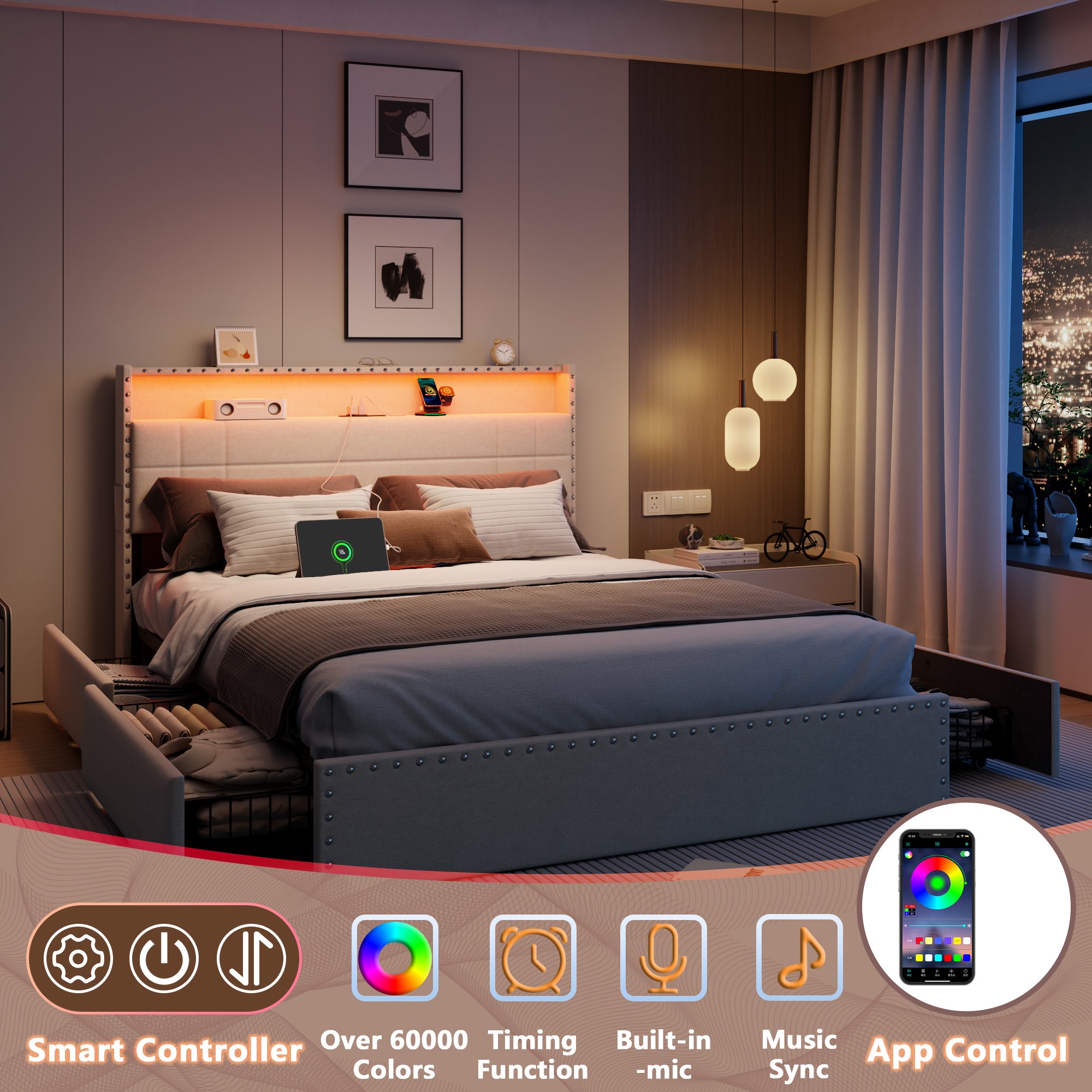 Furnulem Queen Bed Frame with Headboard Upholstered Platform Bed with 4 Storage Drawers Built-in LED Lights Charging Station Metal Slats Support Beige