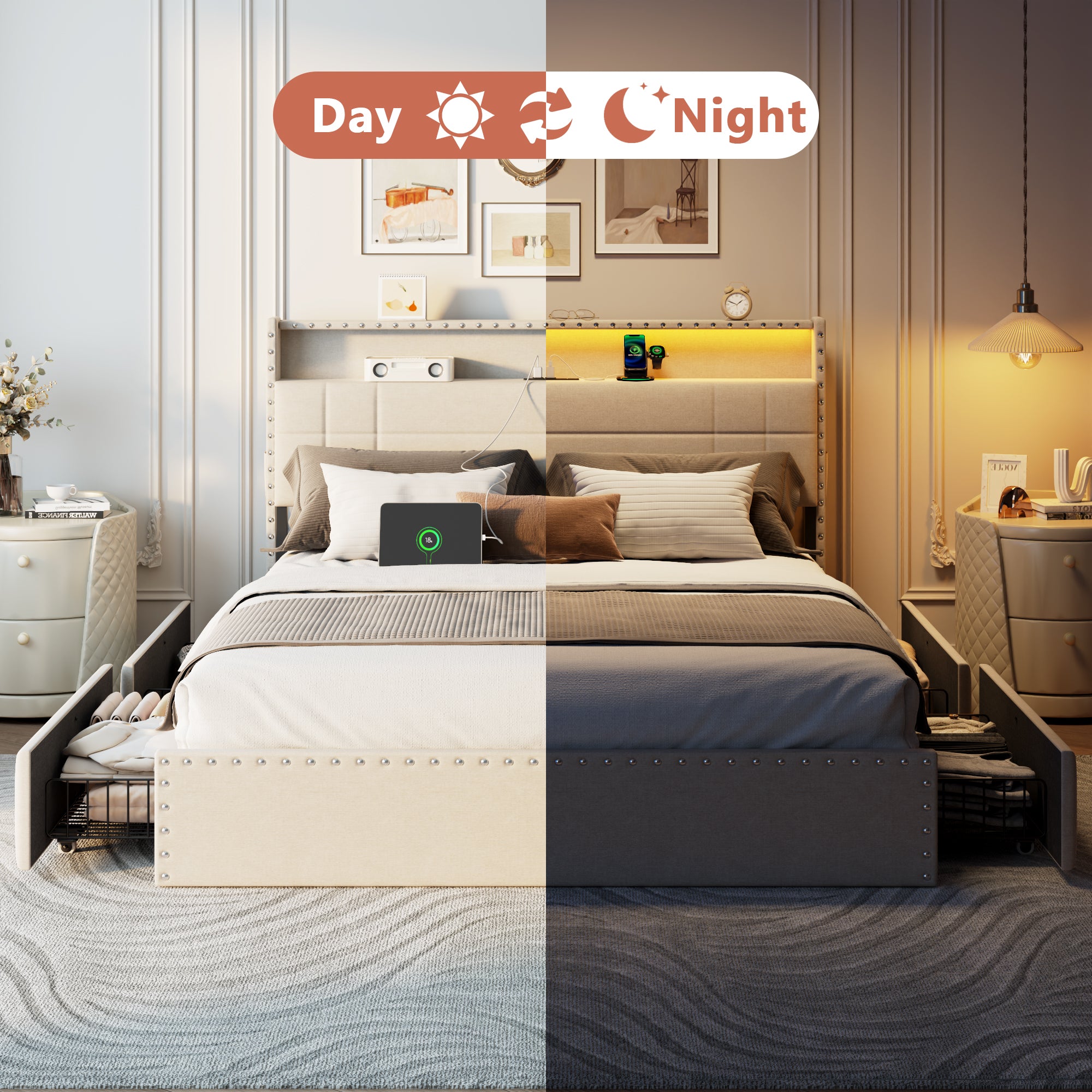 Furnulem Queen Bed Frame with Headboard Upholstered Platform Bed with 4 Storage Drawers Built-in LED Lights Charging Station Metal Slats Support Beige