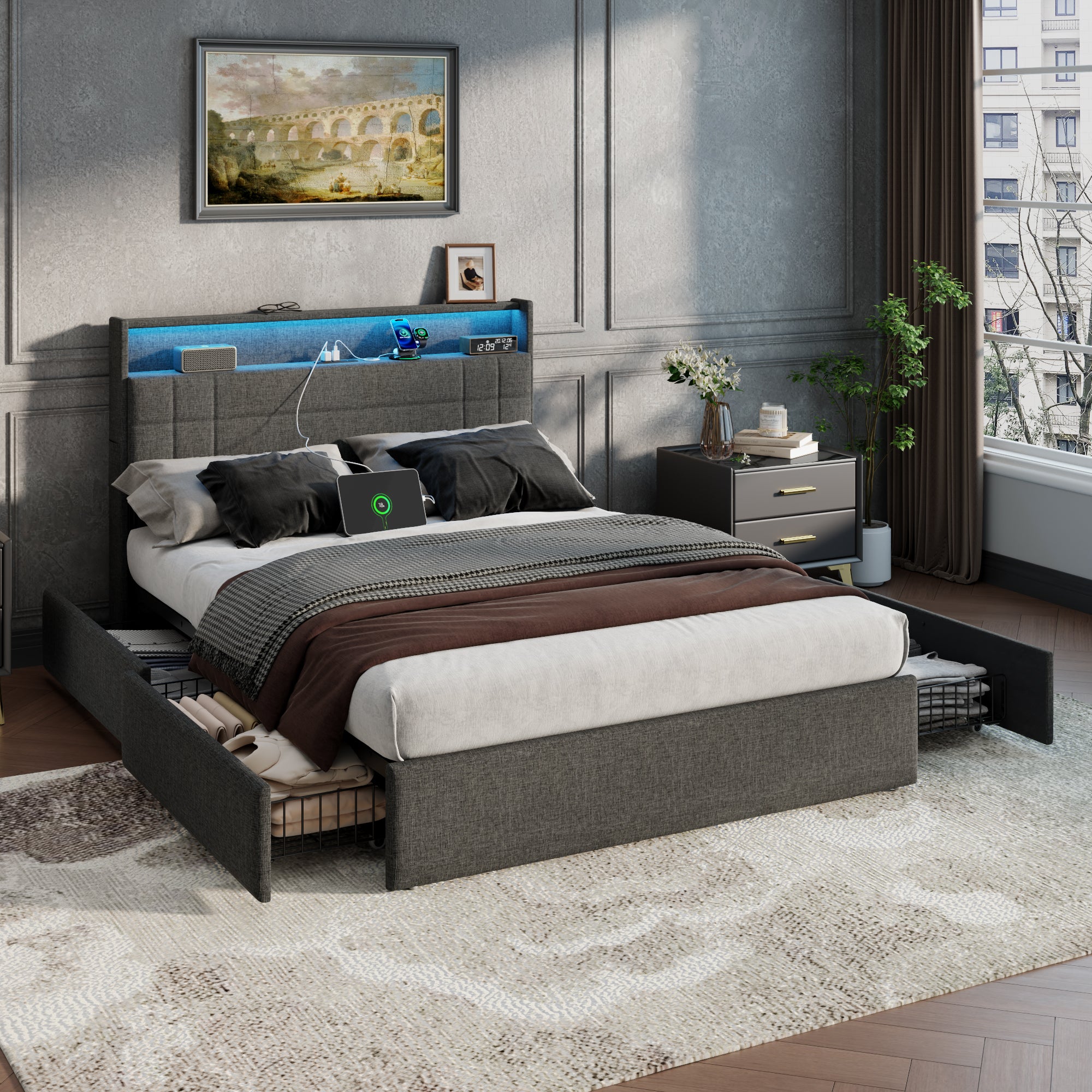 Gray Full Size Upholstered Bed Frame 4 Storage Drawers LED Lights Charging Station Headboard Heavy Duty Platform No Box Spring Needed
