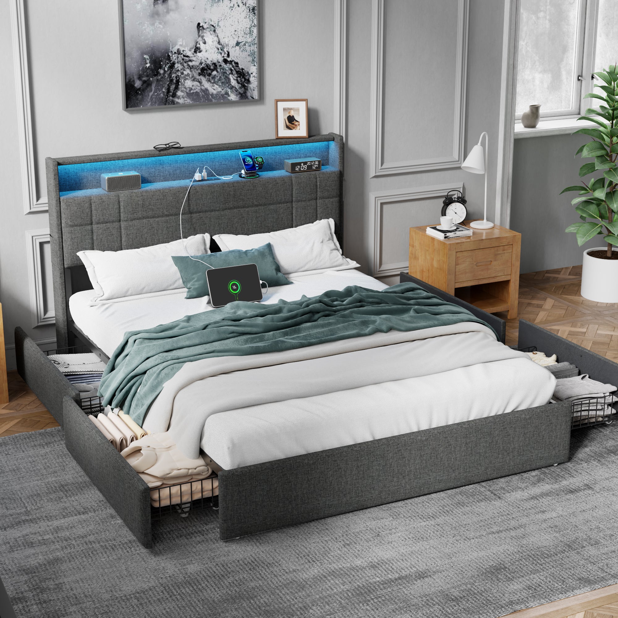 Queen Size Bed Frame with Headboard Grey Upholstered Platform Bed with 4 Storage Drawers Built-in LED Lights Charging Station Metal Slats Support