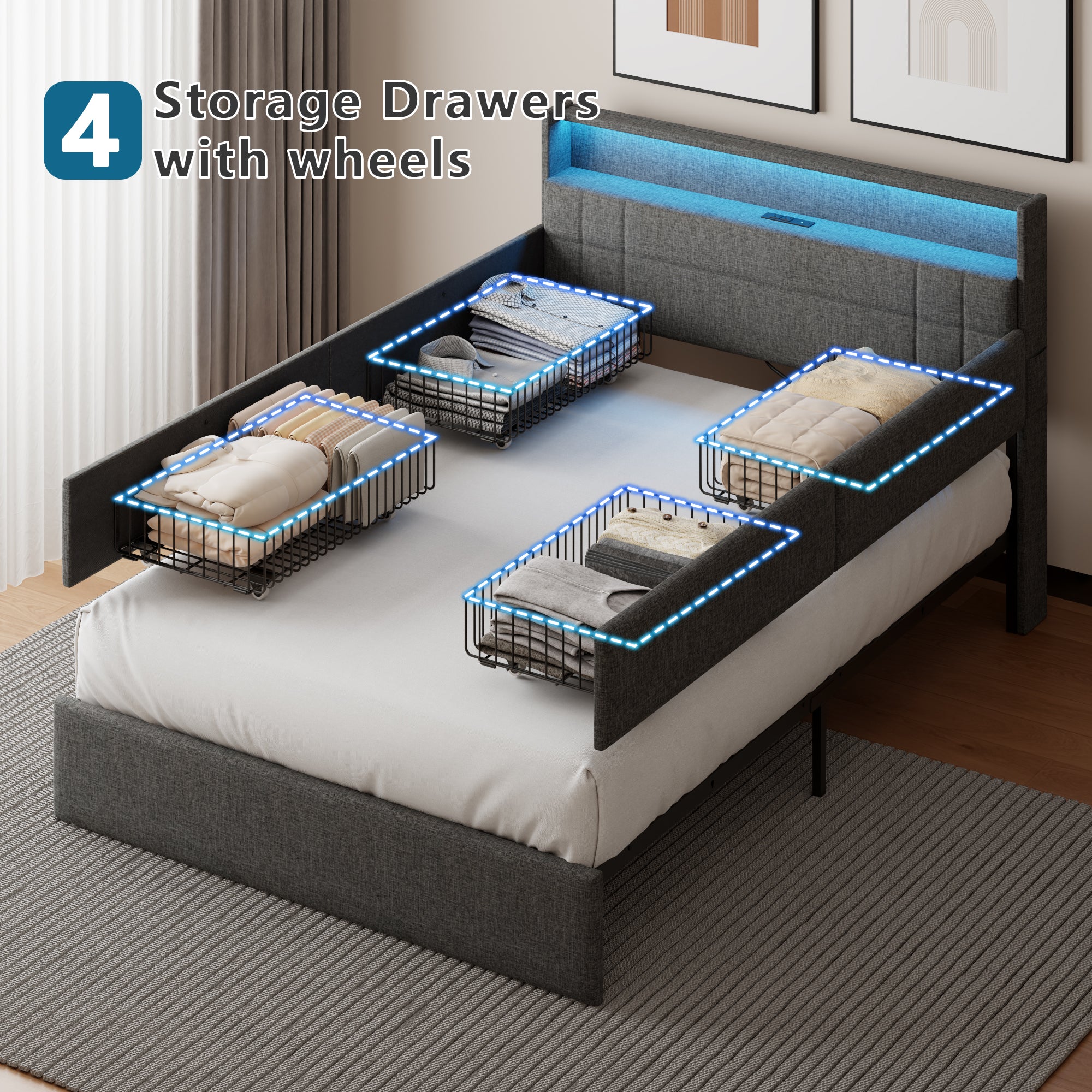 Gray Full Size Upholstered Bed Frame 4 Storage Drawers LED Lights Charging Station Headboard Heavy Duty Platform No Box Spring Needed