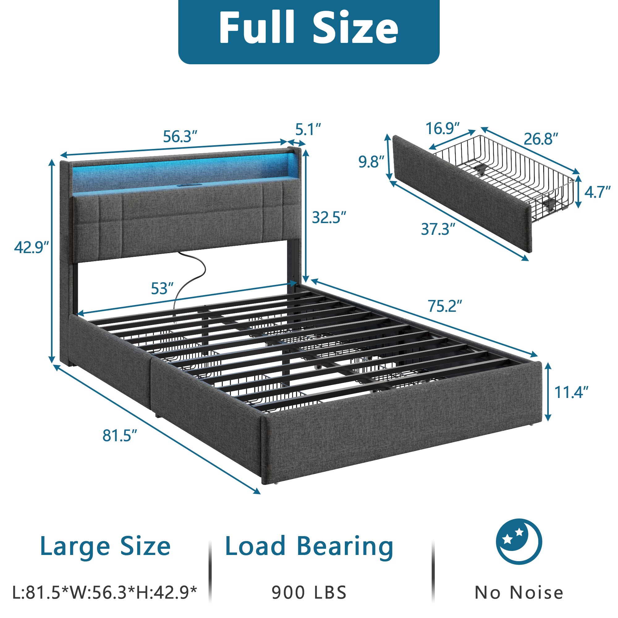 Gray Full Size Upholstered Bed Frame 4 Storage Drawers LED Lights Charging Station Headboard Heavy Duty Platform No Box Spring Needed