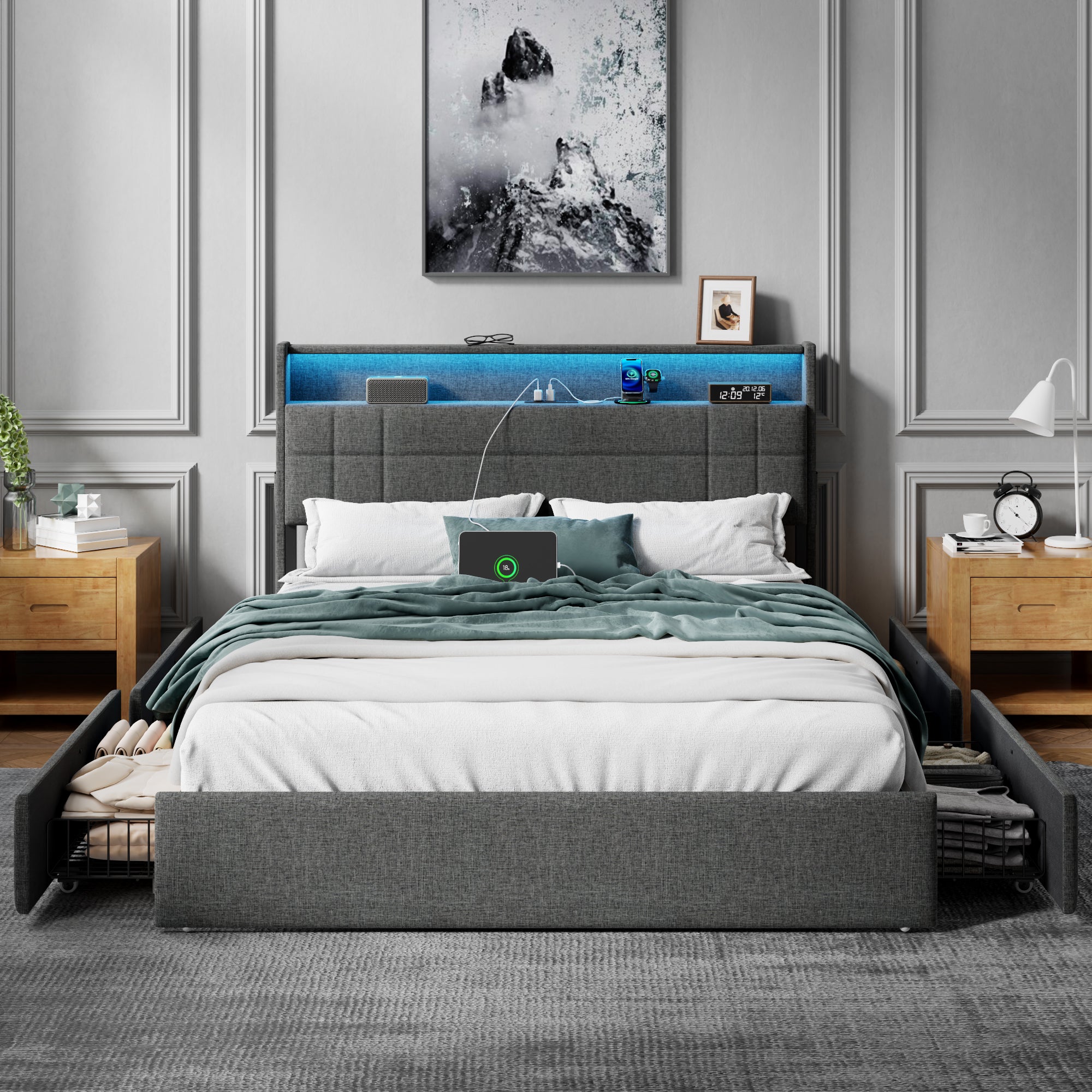 Modern Queen Bed Frame with Charging Station LED Lights 4 Storage Drawers Gray Upholstered Headboard Metal Slats No Box Spring Needed