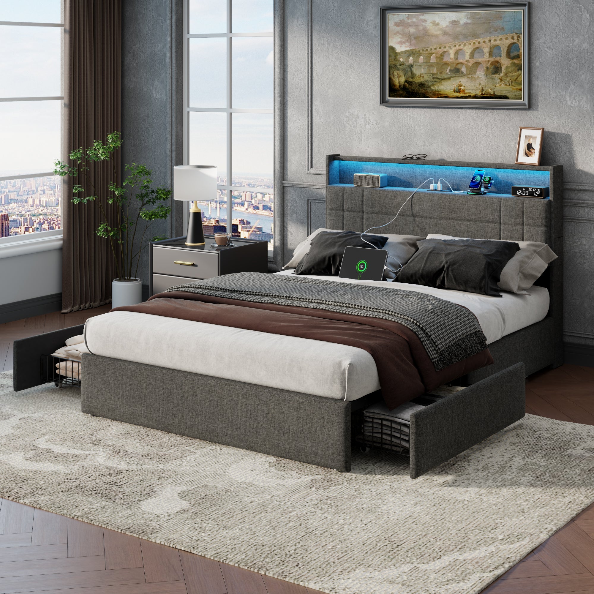 Gray Full Size Upholstered Bed Frame 4 Storage Drawers LED Lights Charging Station Headboard Heavy Duty Platform No Box Spring Needed