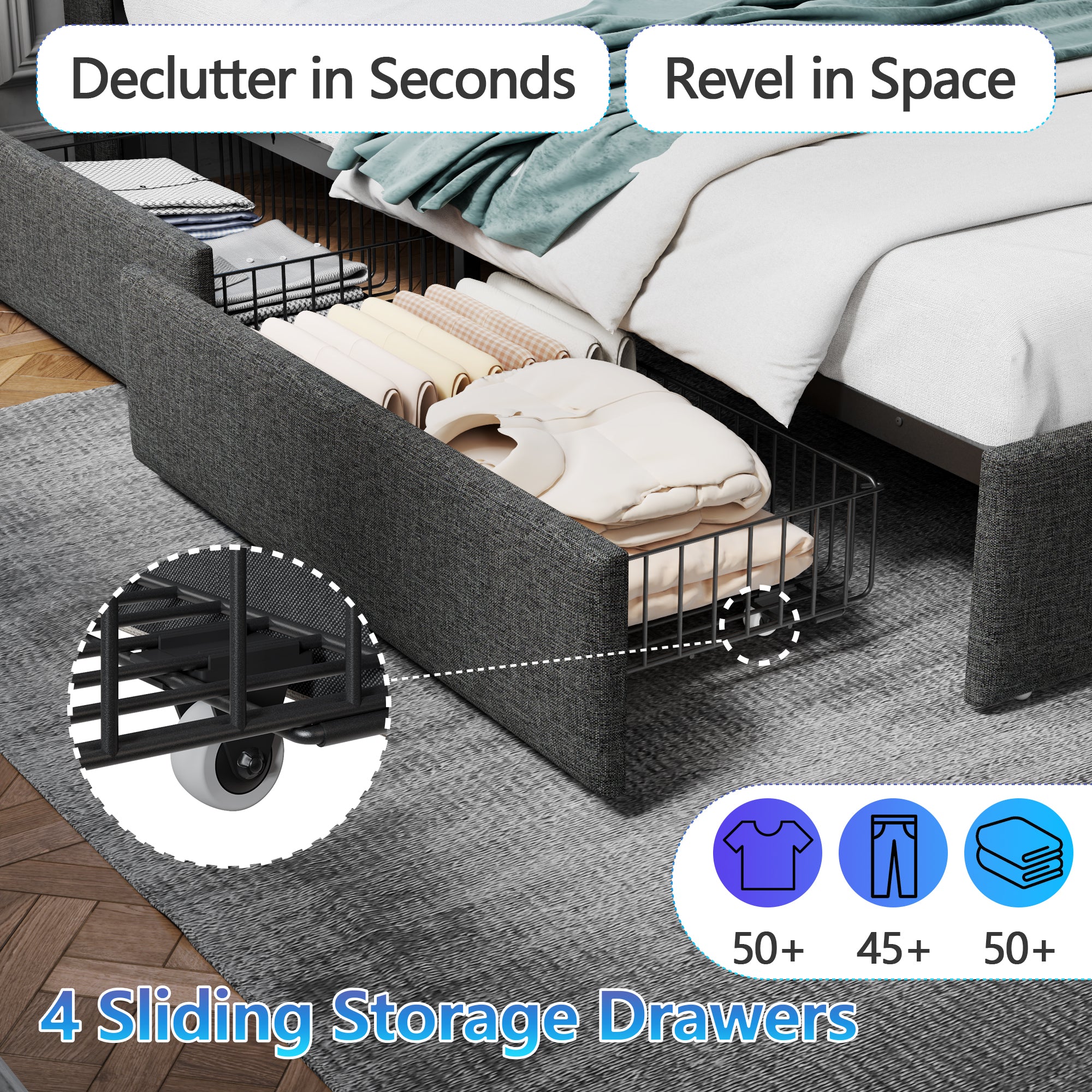 Modern Queen Bed Frame with Charging Station LED Lights 4 Storage Drawers Gray Upholstered Headboard Metal Slats No Box Spring Needed