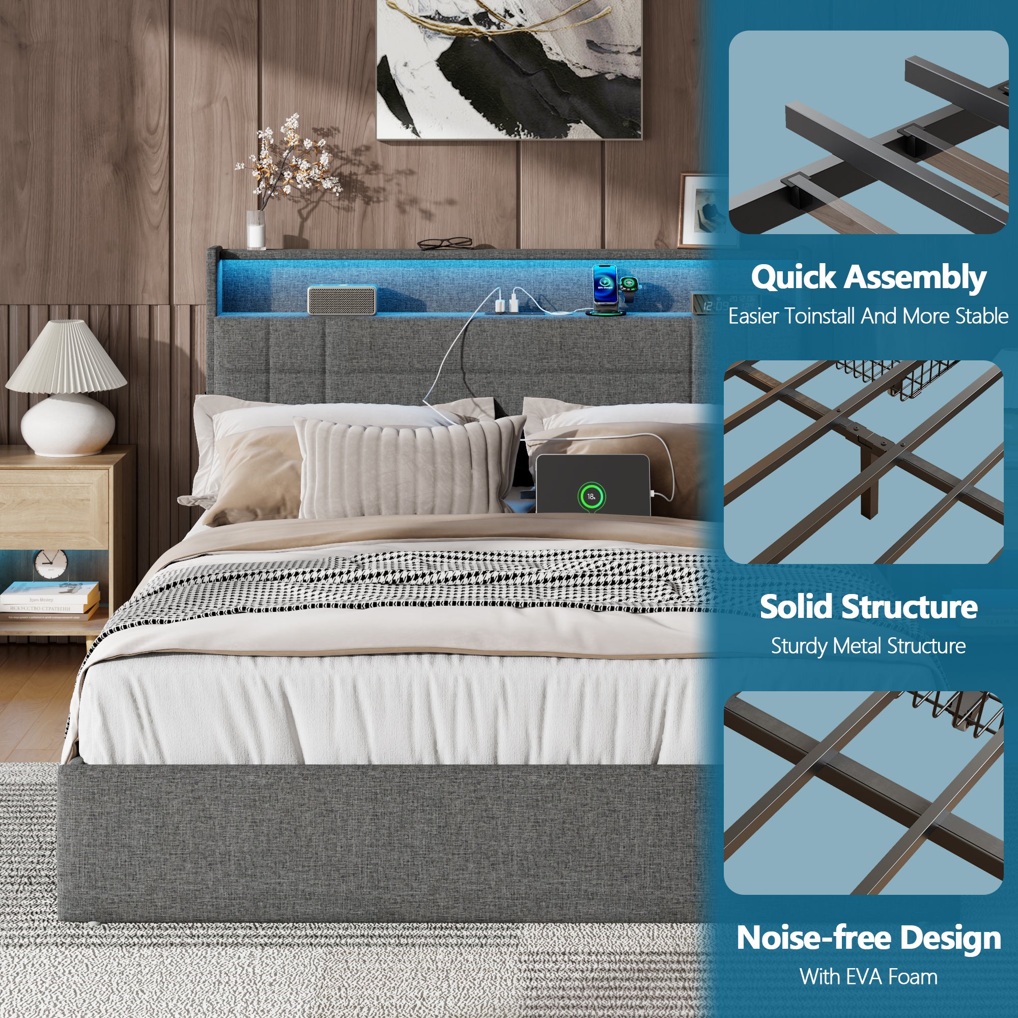 Furnulem Queen Bed Frame with Headboard Grey Upholstered Platform Bed with 4 Storage Drawers Built-in LED Lights Charging Station Metal Slats Support