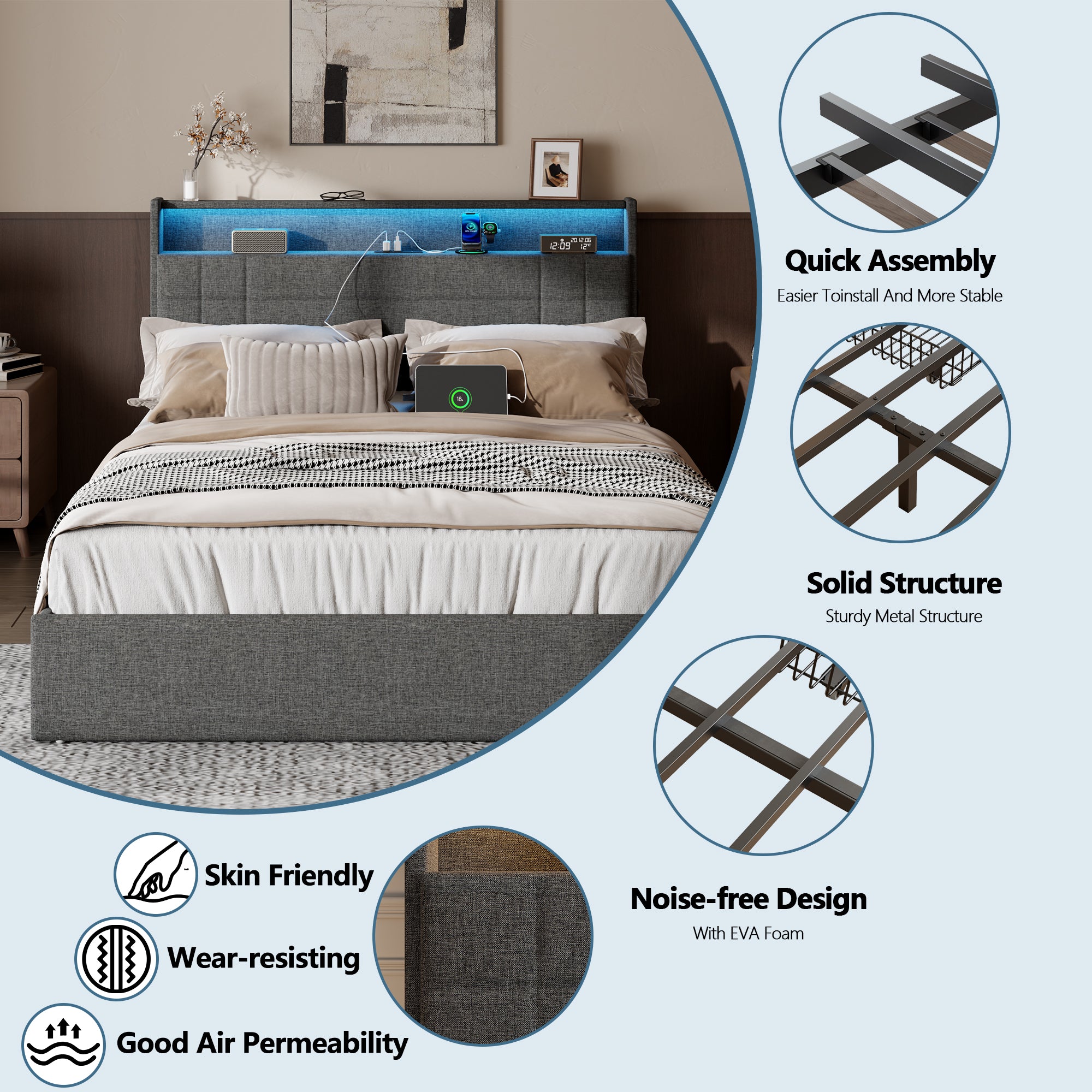 Modern Queen Bed Frame with Charging Station LED Lights 4 Storage Drawers Gray Upholstered Headboard Metal Slats No Box Spring Needed