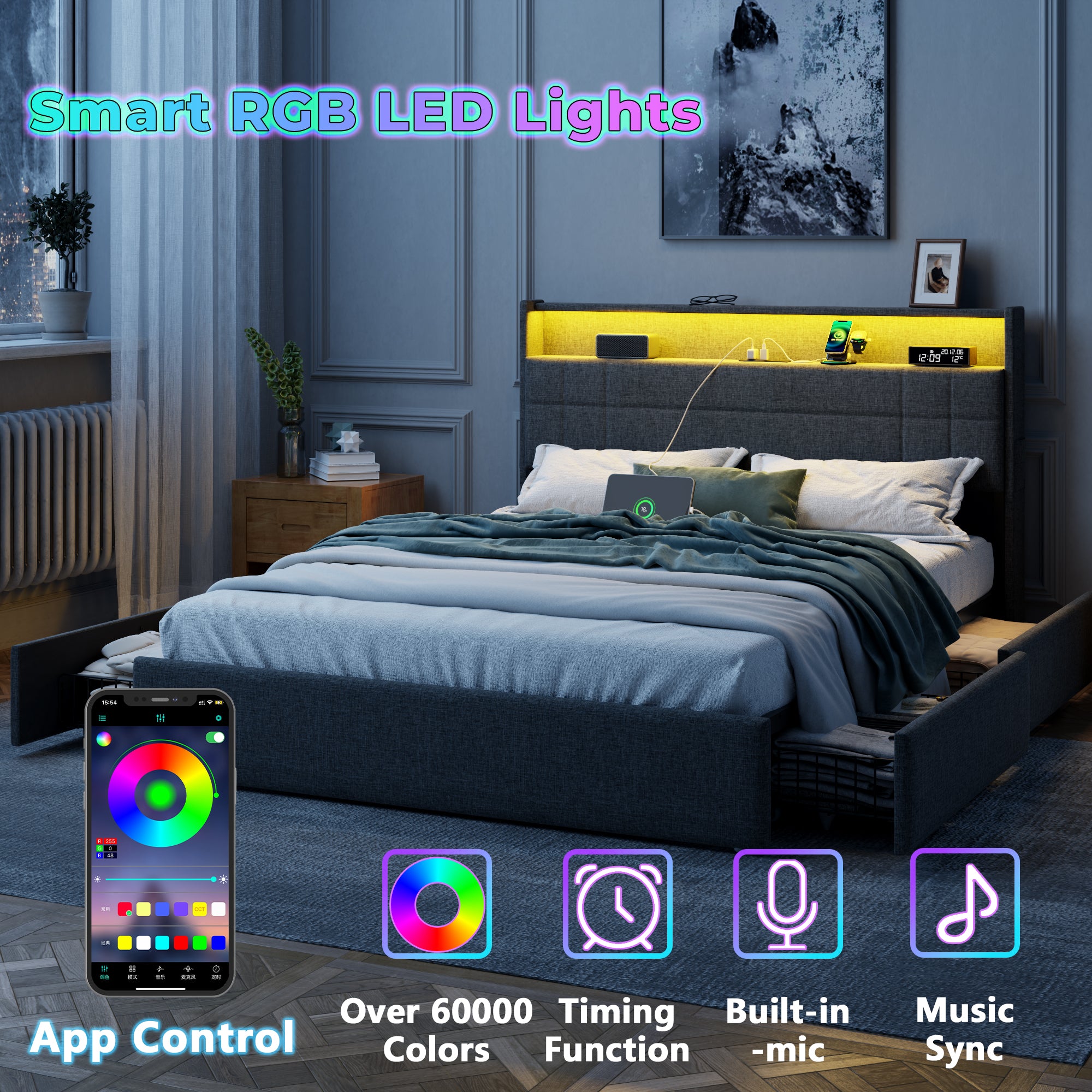 Furnulem Queen Bed Frame with Headboard Grey Upholstered Platform Bed with 4 Storage Drawers Built-in LED Lights Charging Station Metal Slats Support